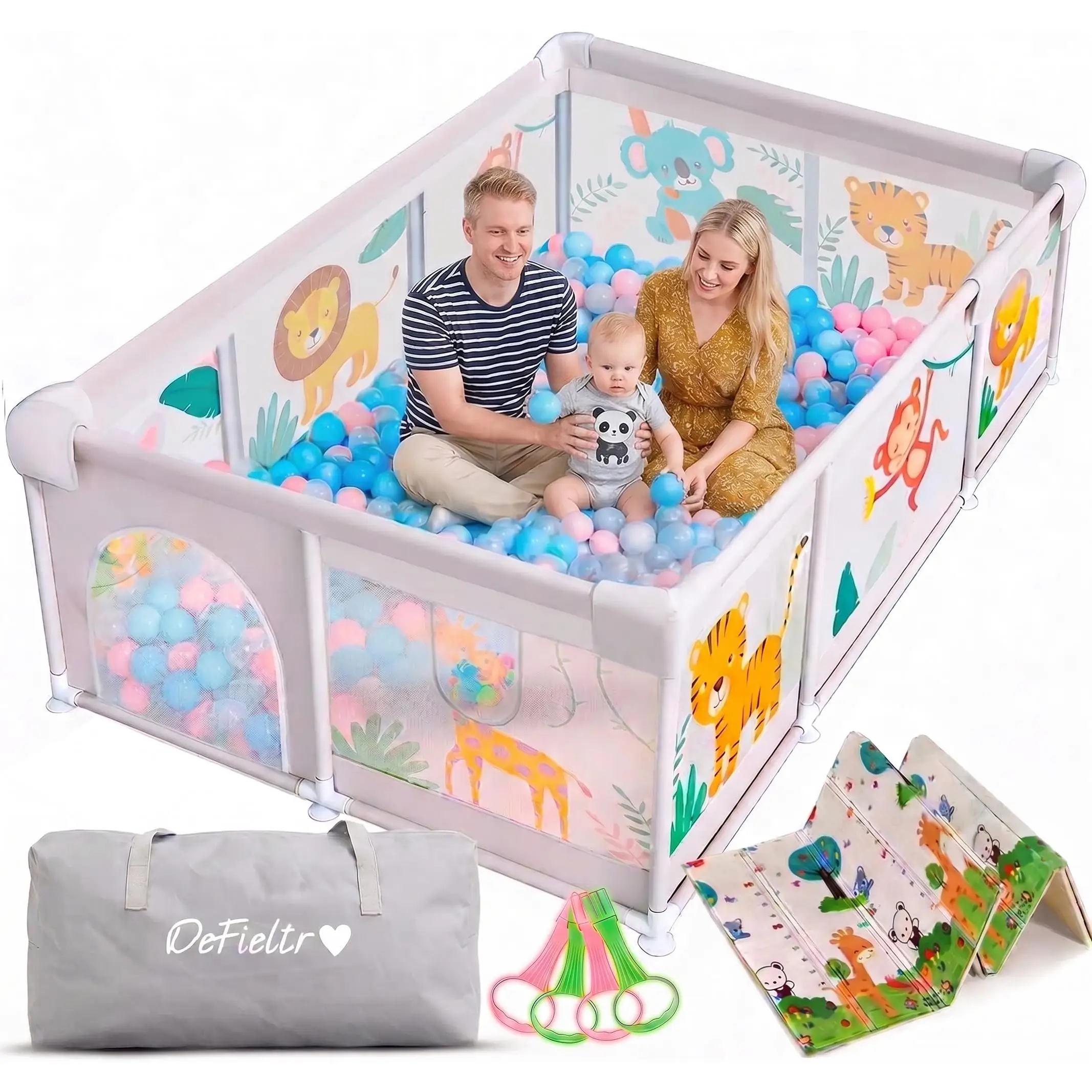 Parque Infantil para Bebé con Alfombra, 4 Agarraderas y Malla Transpirable - Corralito Plegable con Puerta Lateral y Diseño de Animales - Playpen para Bebé