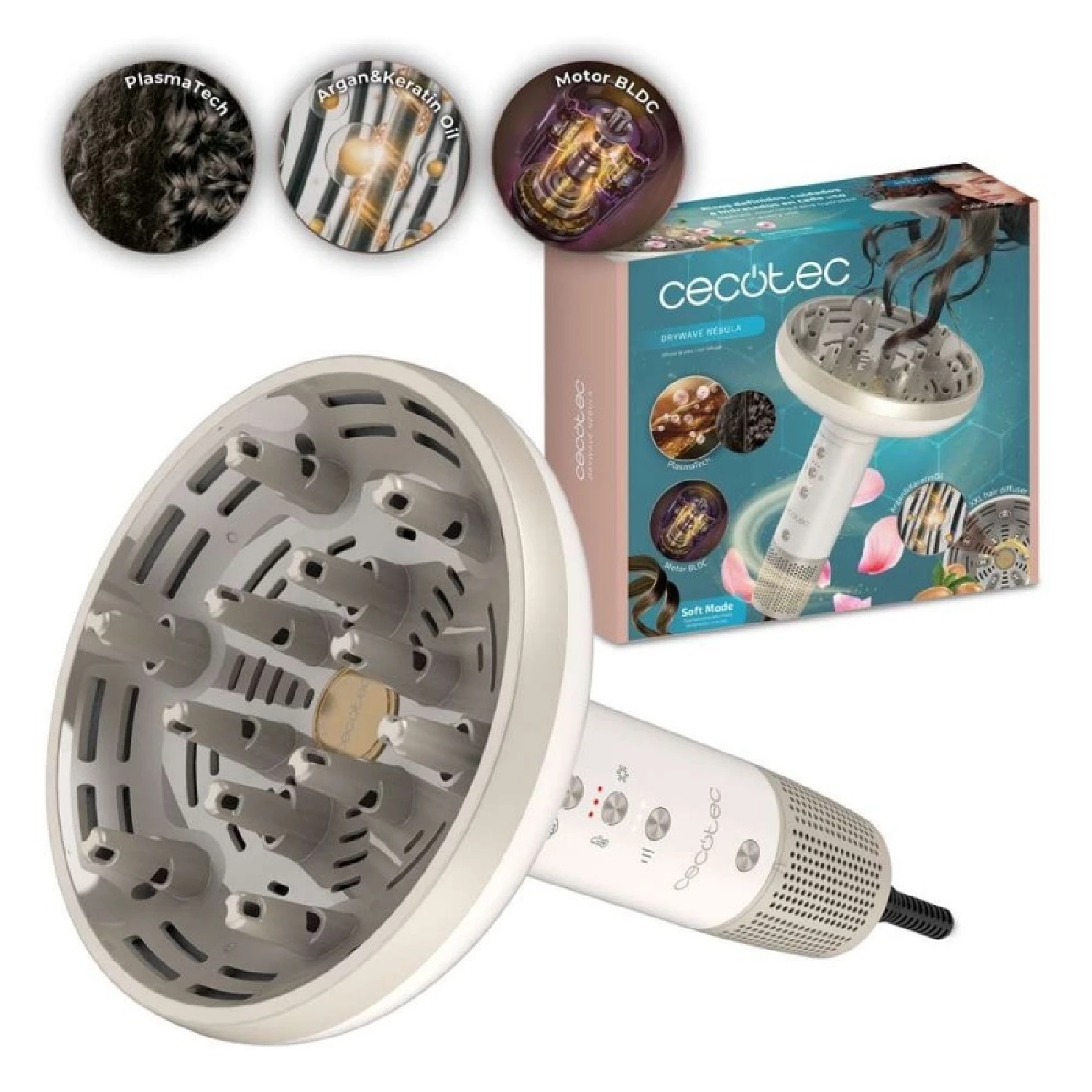 Cecotec Secador Difusor Pelo Rizado XXL DryWave Nébula. 1300W, Aceite de Argán y Queratina, Motor Brushless