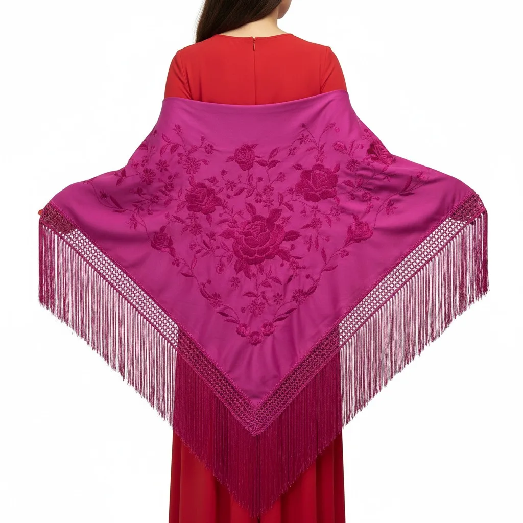 Manton de flamenco de color buganvilla con los bordados de floral mismo tono