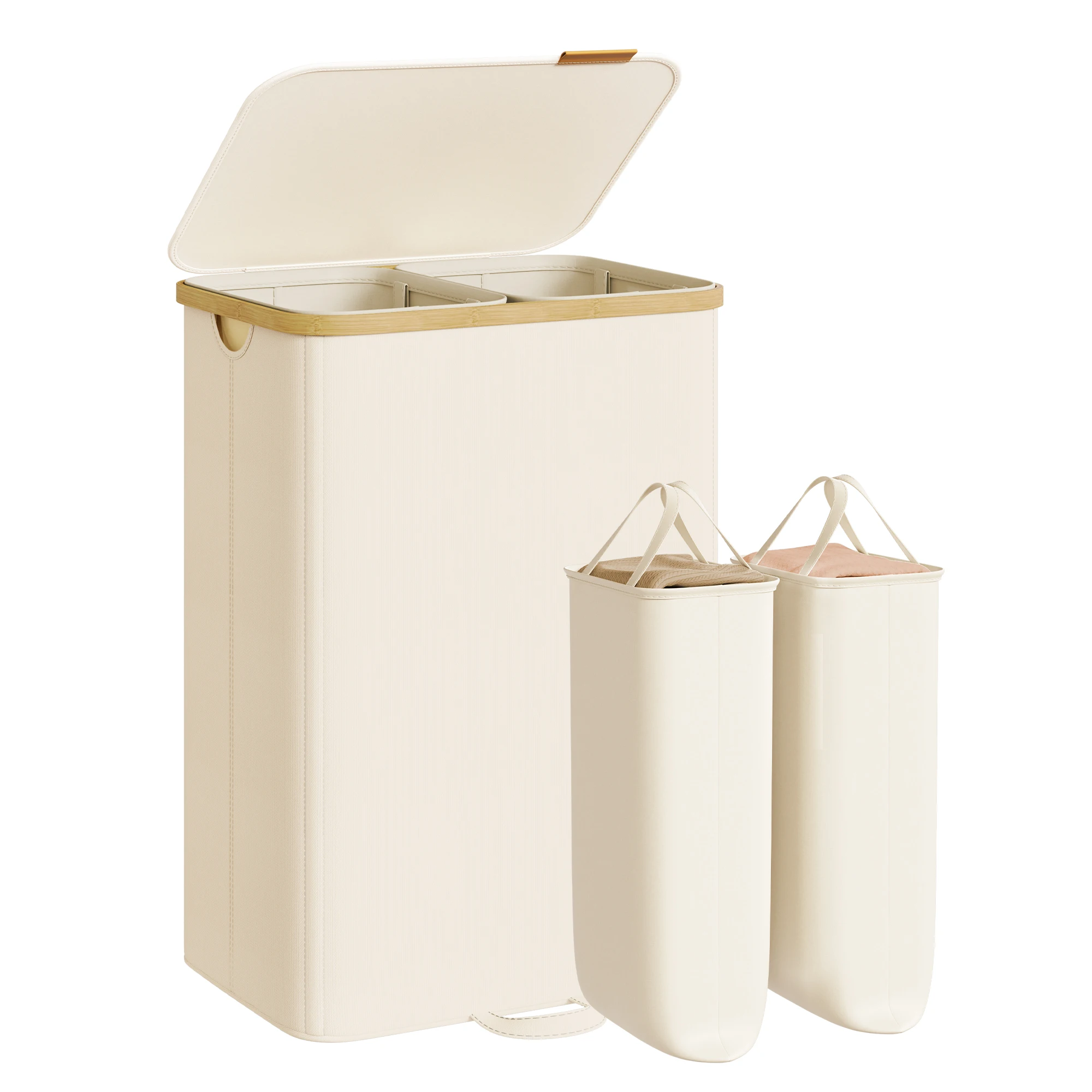 SONGMICS Cesto para la Colada con Tapa, Cesta para Ropa Sucia, Bolsas Interiores Extraíbles, Marco de Bambú, Lavandería Dormitorio, 2 Compartimentos, 150 L, Blanco Crema