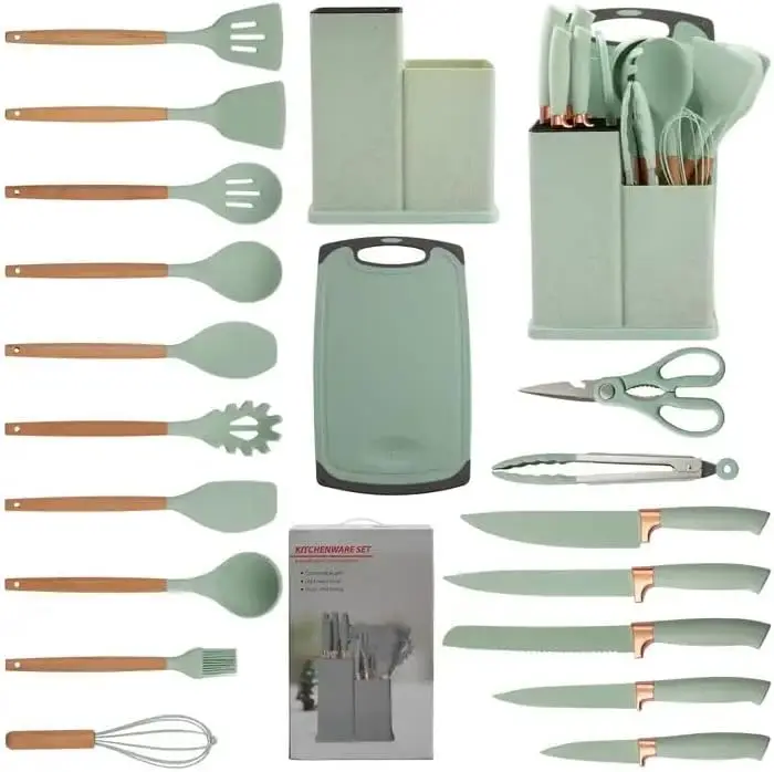 Set de Utensilios de Cocina de Silicona ONFENG OF2328 - 19 Piezas, Incluye 5 Cuchillos Versátiles, Tijeras, Pinzas, Tabla de Cortar y 10 Accesorios Antiadherentes (Verde Claro) REGALO DIA MADRE