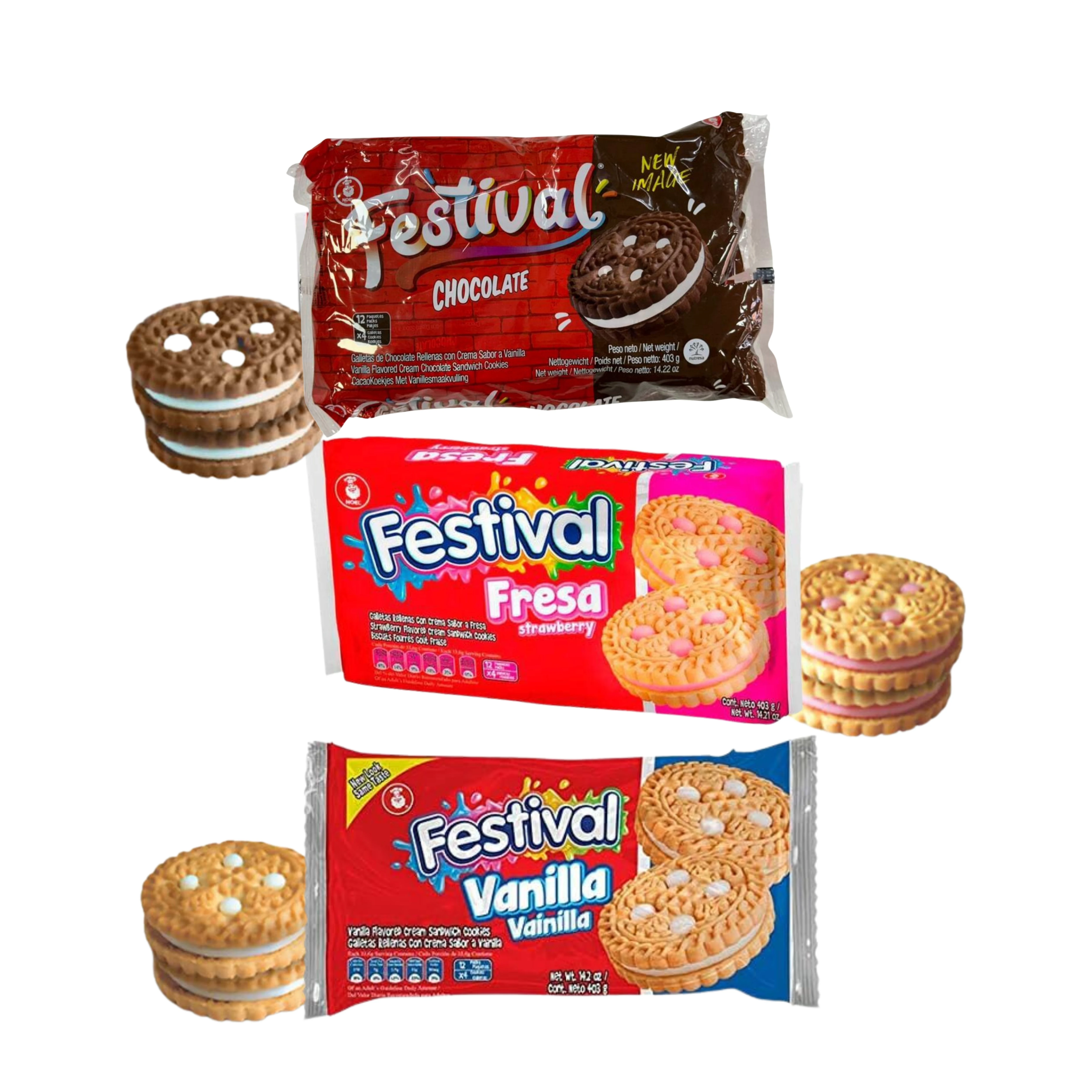 2 PAQUETES DE GALLETAS FESTIVAL (CHOCOLATE,VANILLA,STRAWBERRY)  SUAVES Y CRUJIENTES 403G - SIN COLORANTES - NOEL DE COLOMBIA