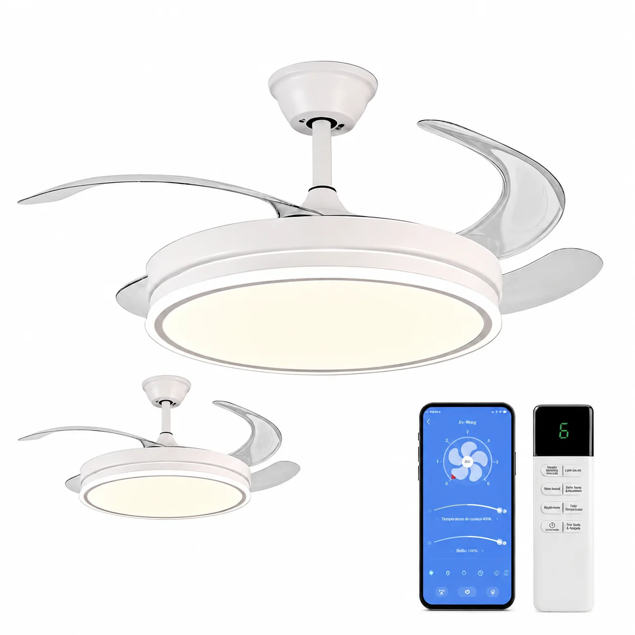 Ventilador de techo inteligente con luz LED retráctil, 4 aspas transparentes, 85W, APP y mando, 6 velocidades… — oferta en AliExpress