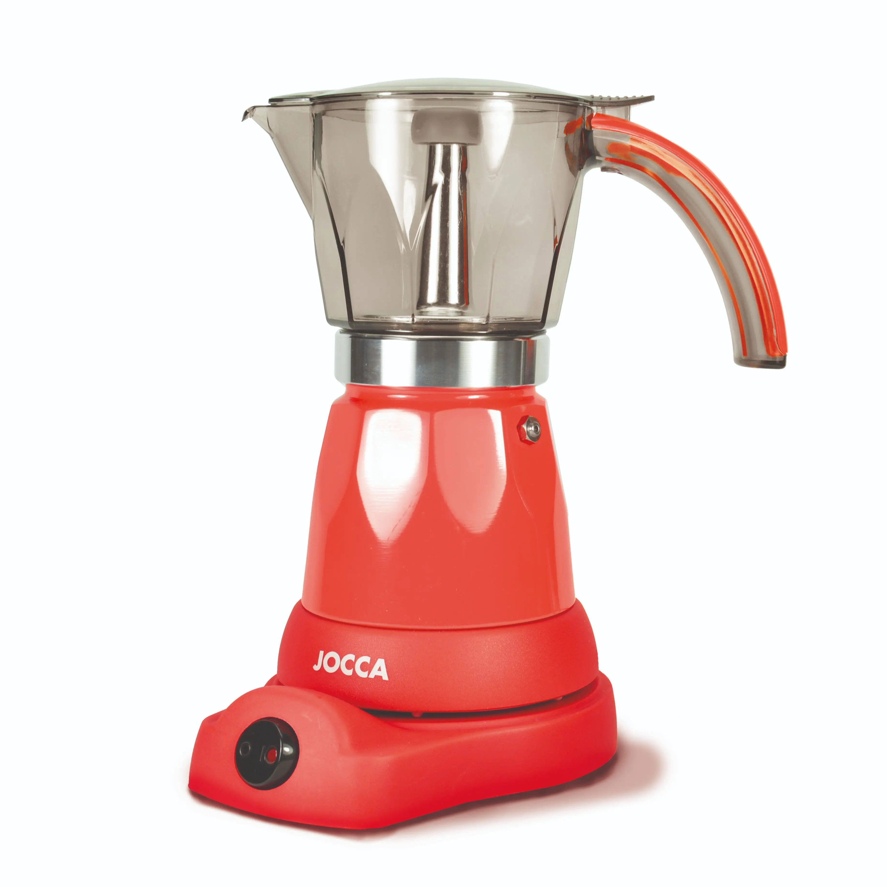 Italian Jocca coffee maker with an electric base that allows the coffee maker to rotate 360 °, a system that keeps the coffee always hot with protection against overheating, compact design, transparent jug and with a cold touch handle.