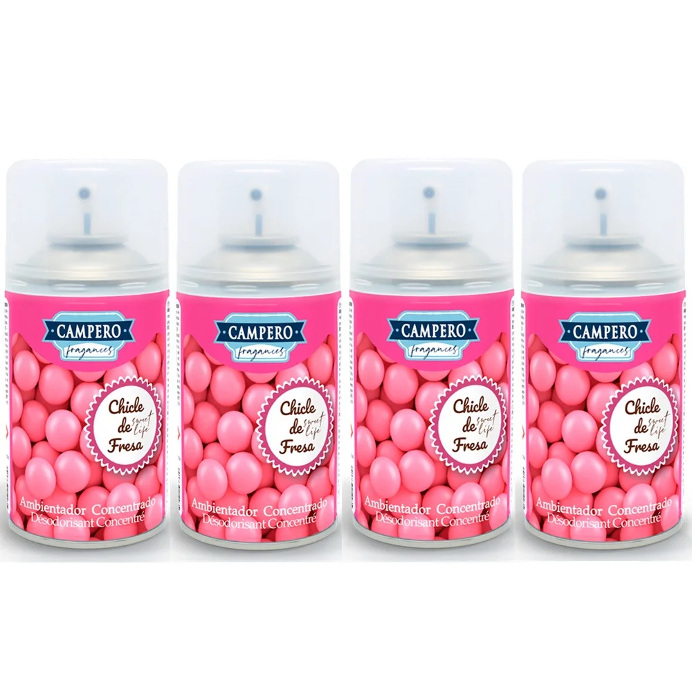 CAMPERO Tronic Sweet Life, Ambientador Chicle de Fresa En Aerosol 250ml, Pack 4 Recambios, Dosificador Automático, Apto Para Todos Los Difusores Del Mercado, Aroma Intenso y Duradero a Golosina