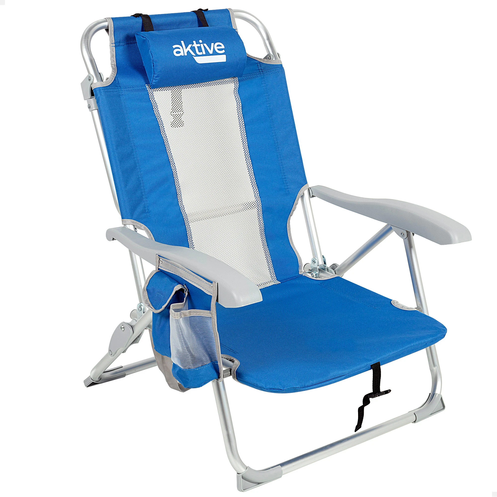 Aktive - Silla de playa plegable con respaldo reclinable 5 posiciones, 49x56x78 cm, fabricada de aluminio y textileno, con cojín, bolsillos laterales y topes antivuelco, máx. 110 kg, sillas de playa,
