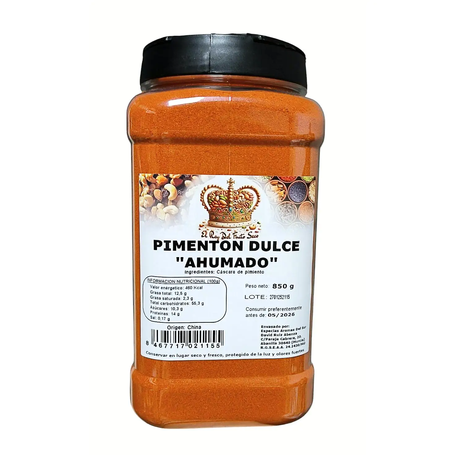 Pimentón Dulce Ahumado 850 gr - Especias de Pimentón - Calidad Garantizada - Marca El Rey del Fruto Seco