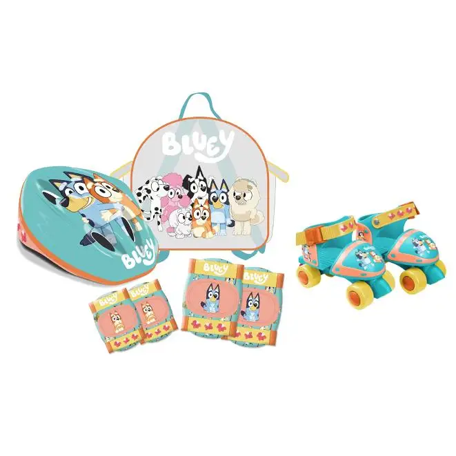 Mochila de Rollers, Casco y Protecciones, con diseños exclusivos de Bluey (4616) Incluye los rollers, el casco y protecciones para rodillas y codos. Set para principiantes. Calidad al mejor precio. De