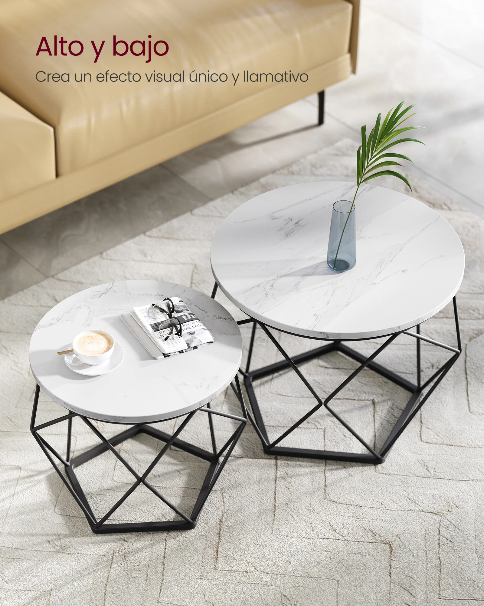 Vasagle round coffee table, set of 2 side tables, modern style, removable top, steel frame, for living room, black and white/snow white and cloud white/greige and black/honey brown and cloud white/rustic brown and black /black