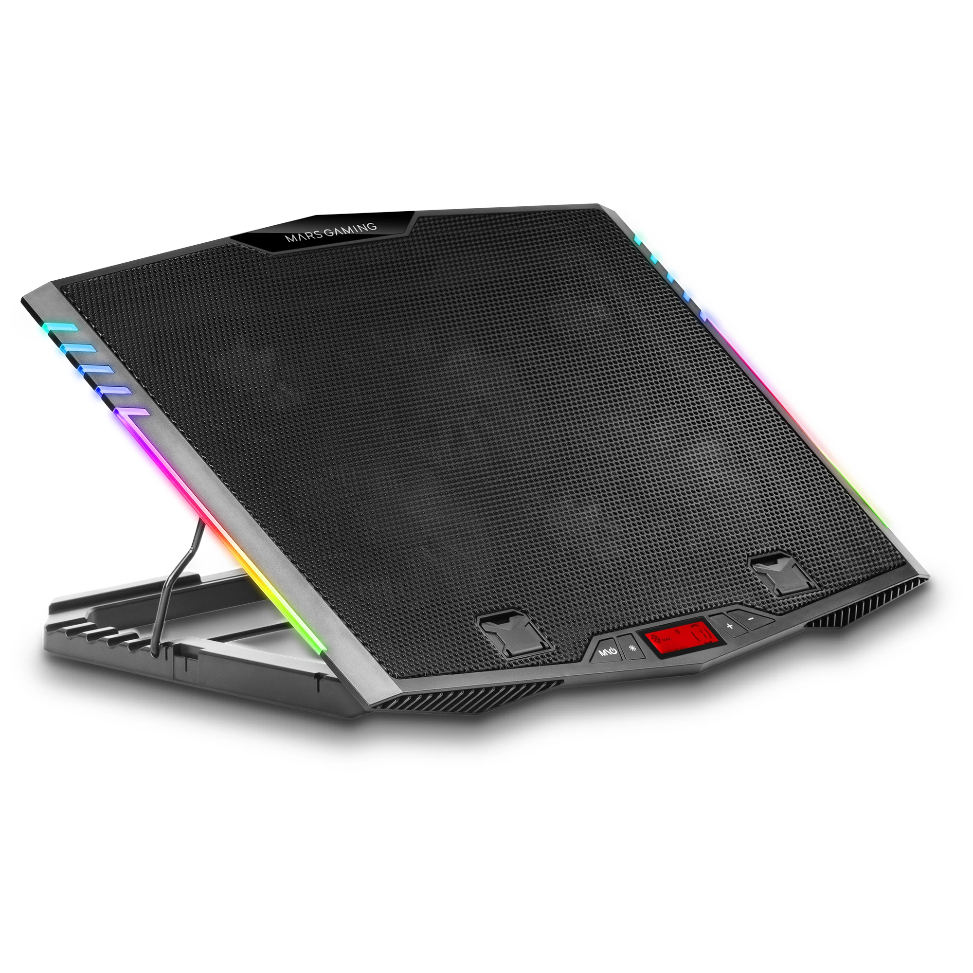 Mars Gaming MNBC5, Base Refrigeradora + Stand XL 19", Iluminación ARGB 7 modos, 6 Ventiladores Controlados Digitalmente, Smartphone Holder, Negro