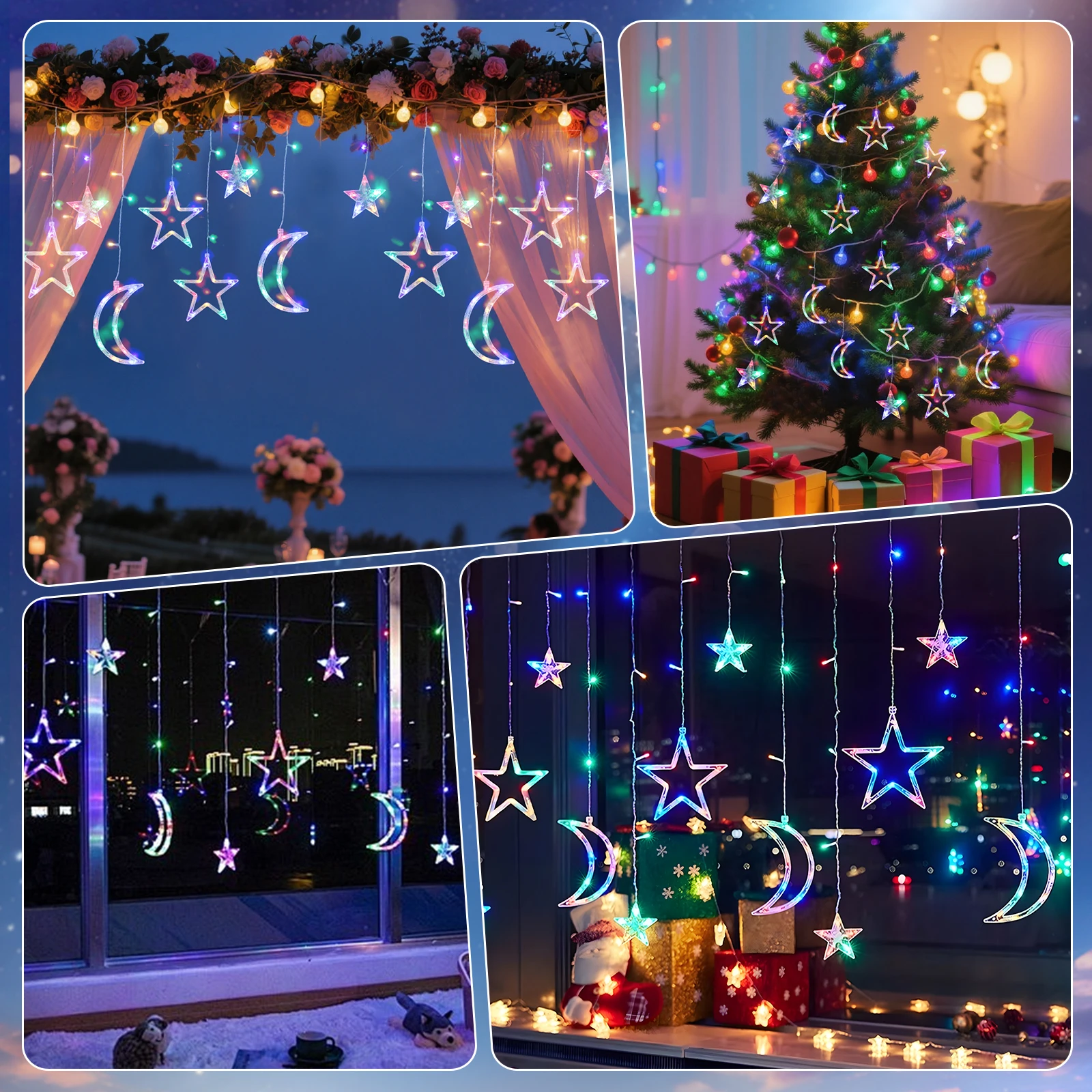 Aigostar luces de cortina de Navidad con estrellas y lunas RGB, 3M*3M*0.6M, 8 Modos Cadena de Luces con Remoto, 120 LED, temporizador, Resistente al Agua, para exterior y Interior, decoracion navidad