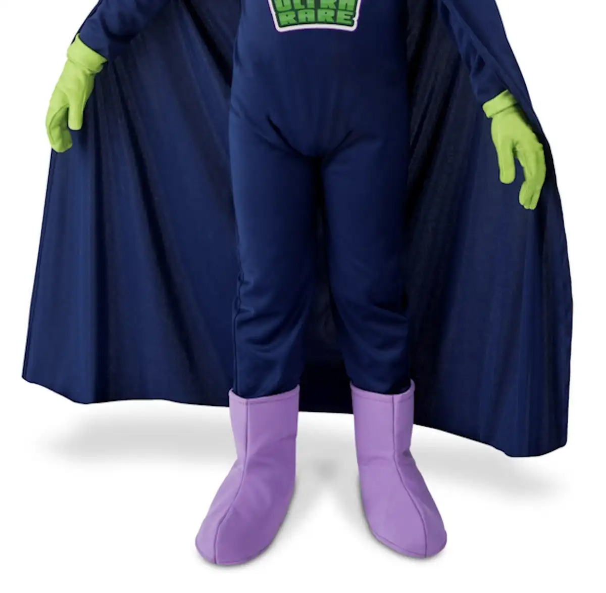 Enigma superthings children's costume, size 4-5 years. Includes dark blue jumpsuit and cape, hat with eyes, green gloves and lilac boot covers, with question mark details