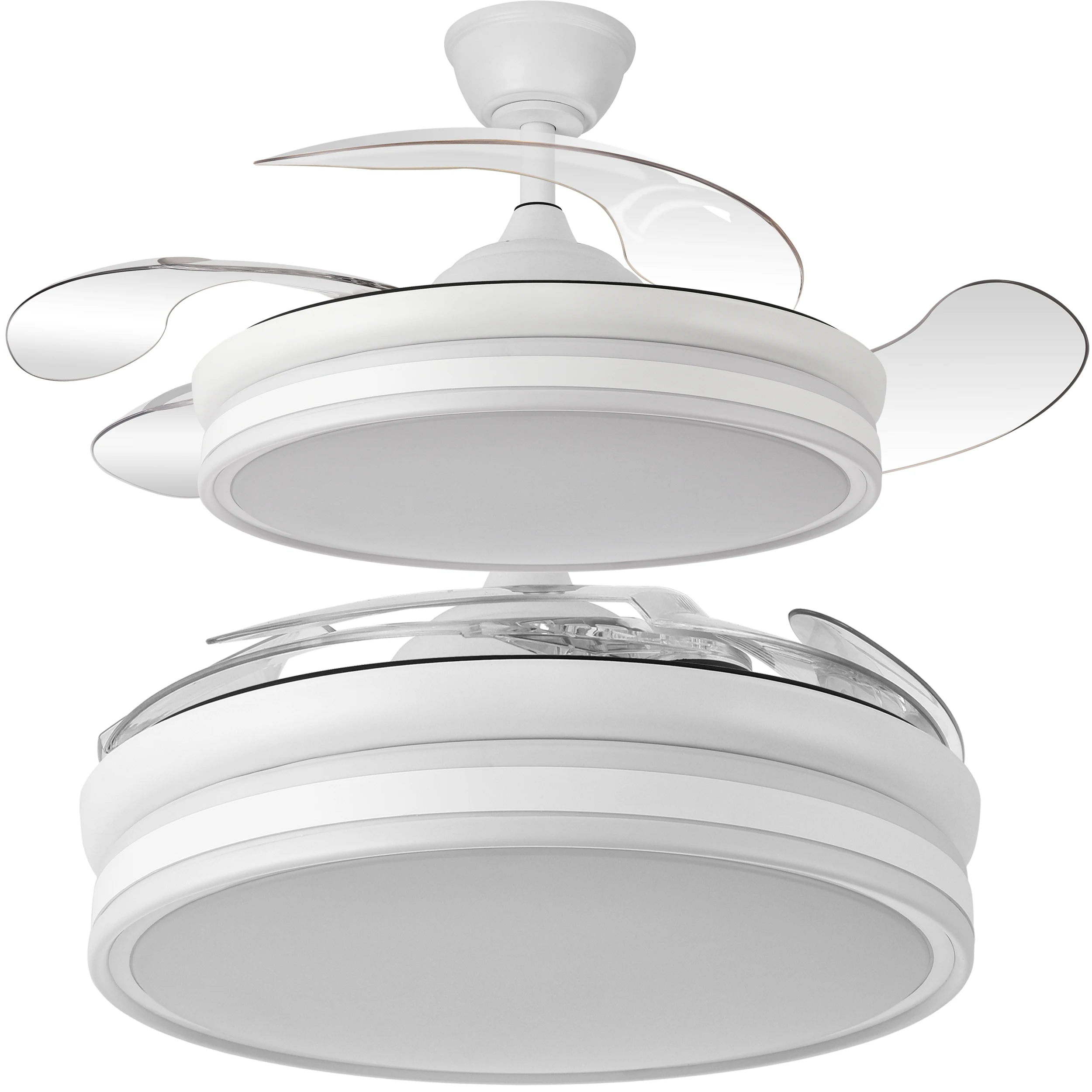 Ceiling fan BAYOMO NEW DC 59w 6980lm White, 4 folding blades, dimming intensity and light tone 3000K, 4000K, 6000K with remote control. Measures 34,5/42x50 Ø/107 øcm-Abrila-Fabrilamp - Dimable. Includes two tijas. 12,5cm and 25c