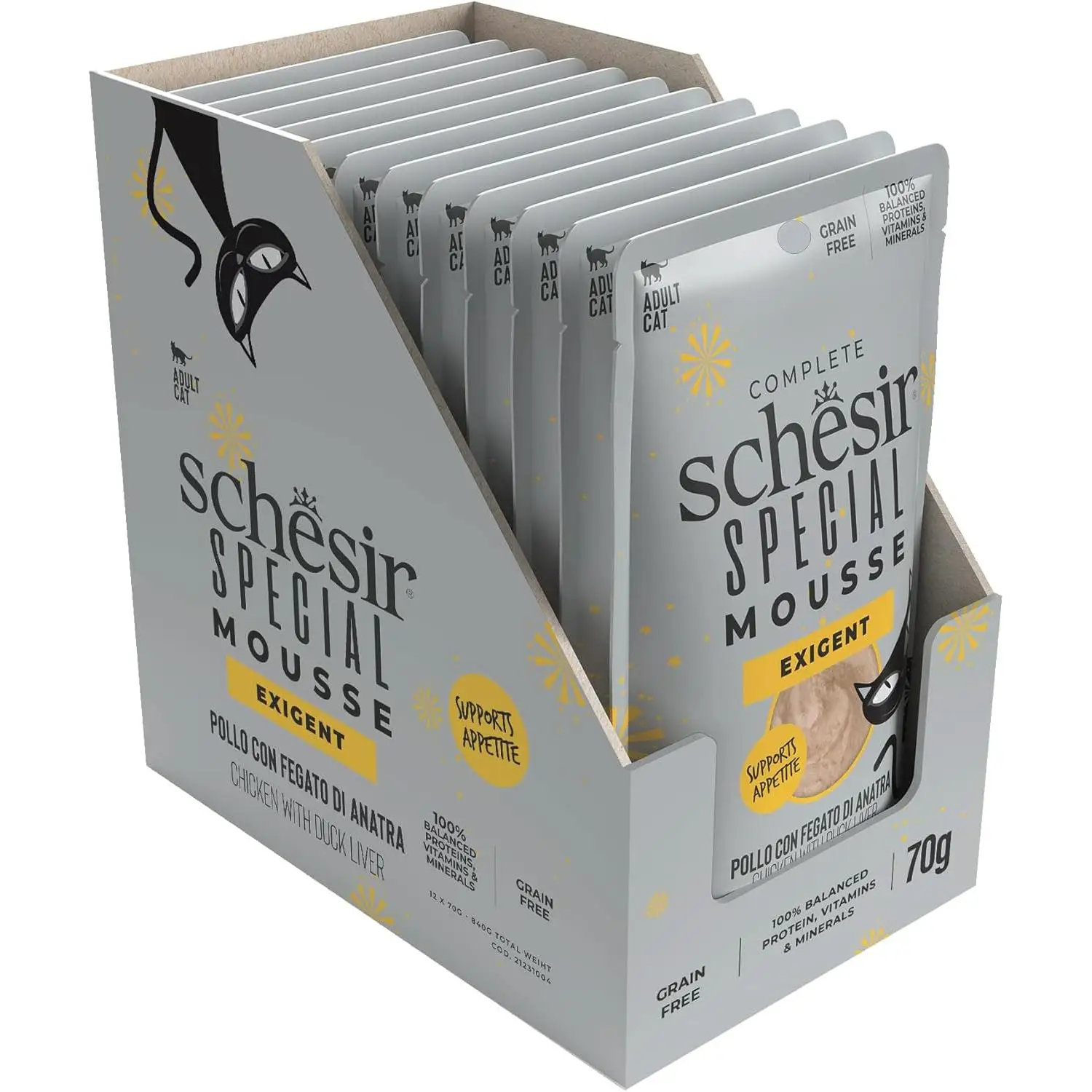 Schesir - Comida húmeda para gatos exigentes Special Exigent Pollo con hígado de pato, textura mousse sin cereales, 12 sobres de 70 g