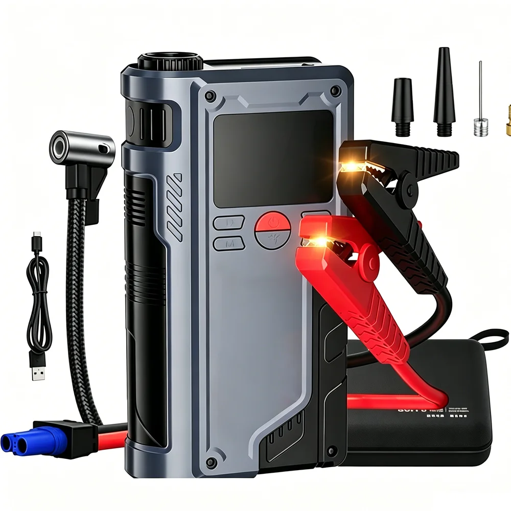 Arrancador de coche 4 en 1 con compresor de aire de 150 PSI, cargador de arranque portátil de 20000 mAh, dispositivo de arranque de batería de coche potente de 1000 A
