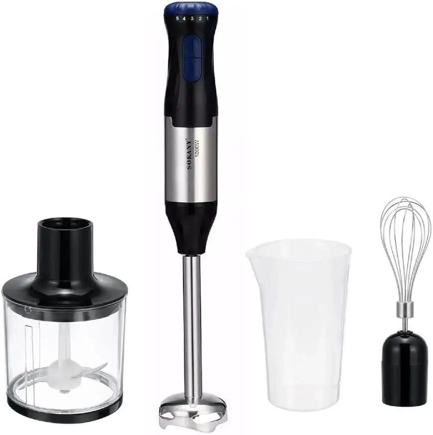 Licuadora de Mano 4-en-1 - Potente Mezclador de Inmersión de 1000W con Batidor de Huevos, Acero Inoxidable, Espumador de Leche, Tazón Picador de 700ml y Vaso para Smoothies de 500ml