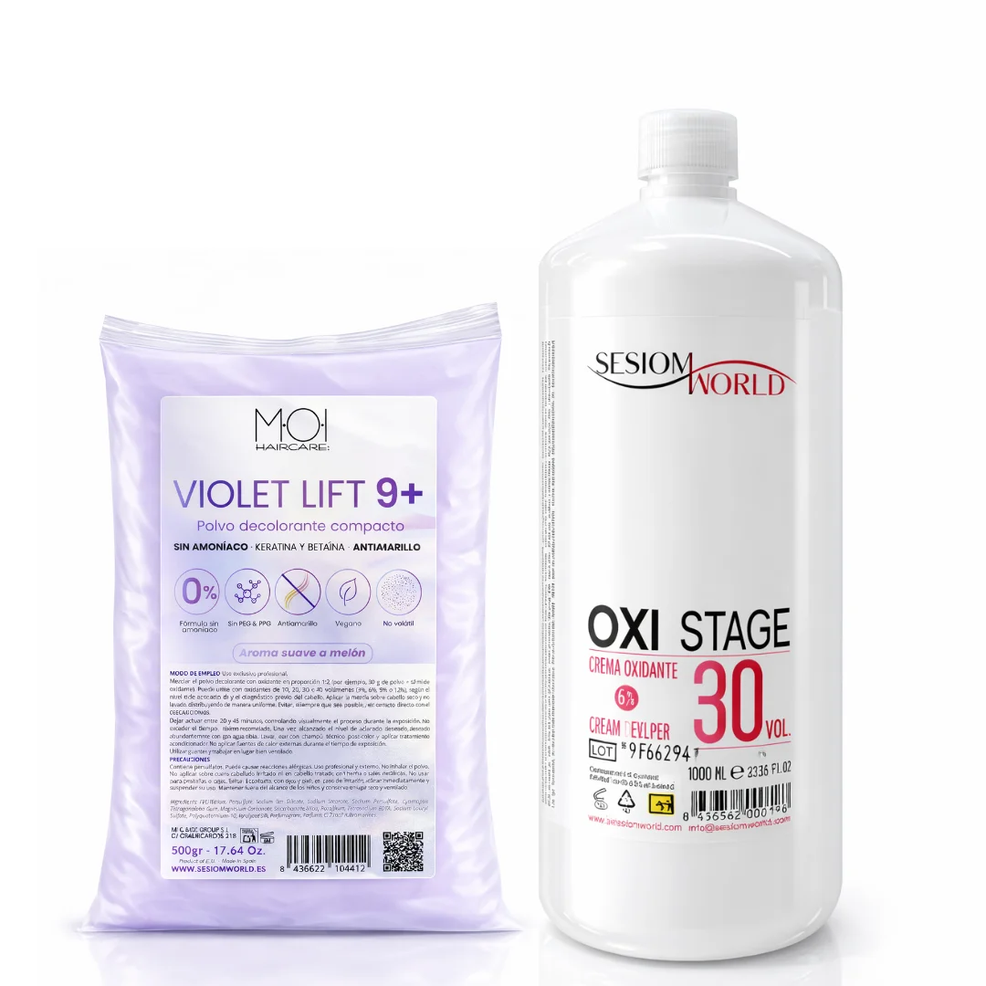 Pack Oxigenada en Crema 1000ml 30 Vol + Polvos Decolorantes de Cabello VIOLETA 9 tonos 500gr | Fórmula Vegana | Superaclarante | Antiamarillo | Con Keratina y Betaína sesioMWorld