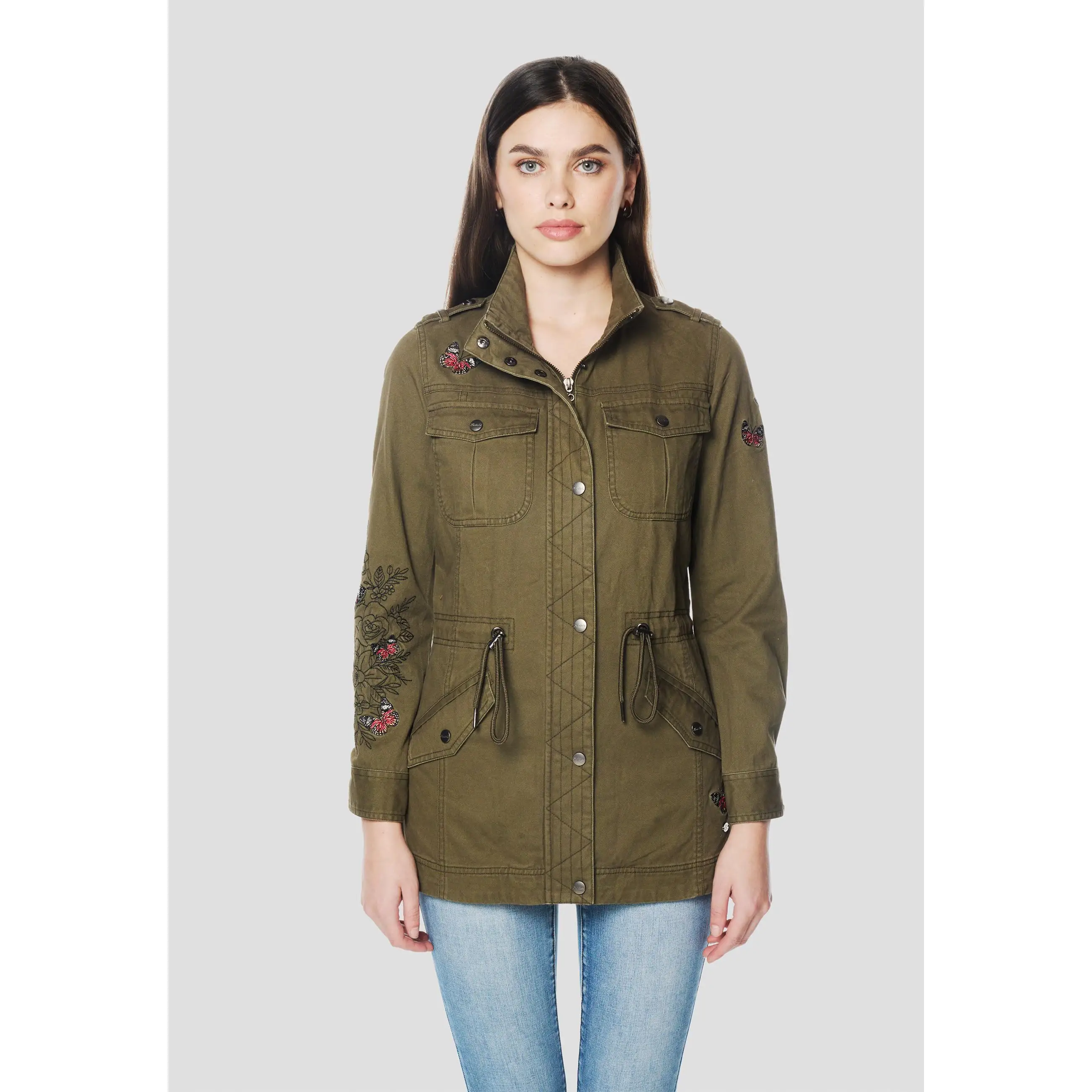 Koroshi Parka Mujer Algodón Cintura Ajustable Bordada Cuello Alto – Koroshi Kaki