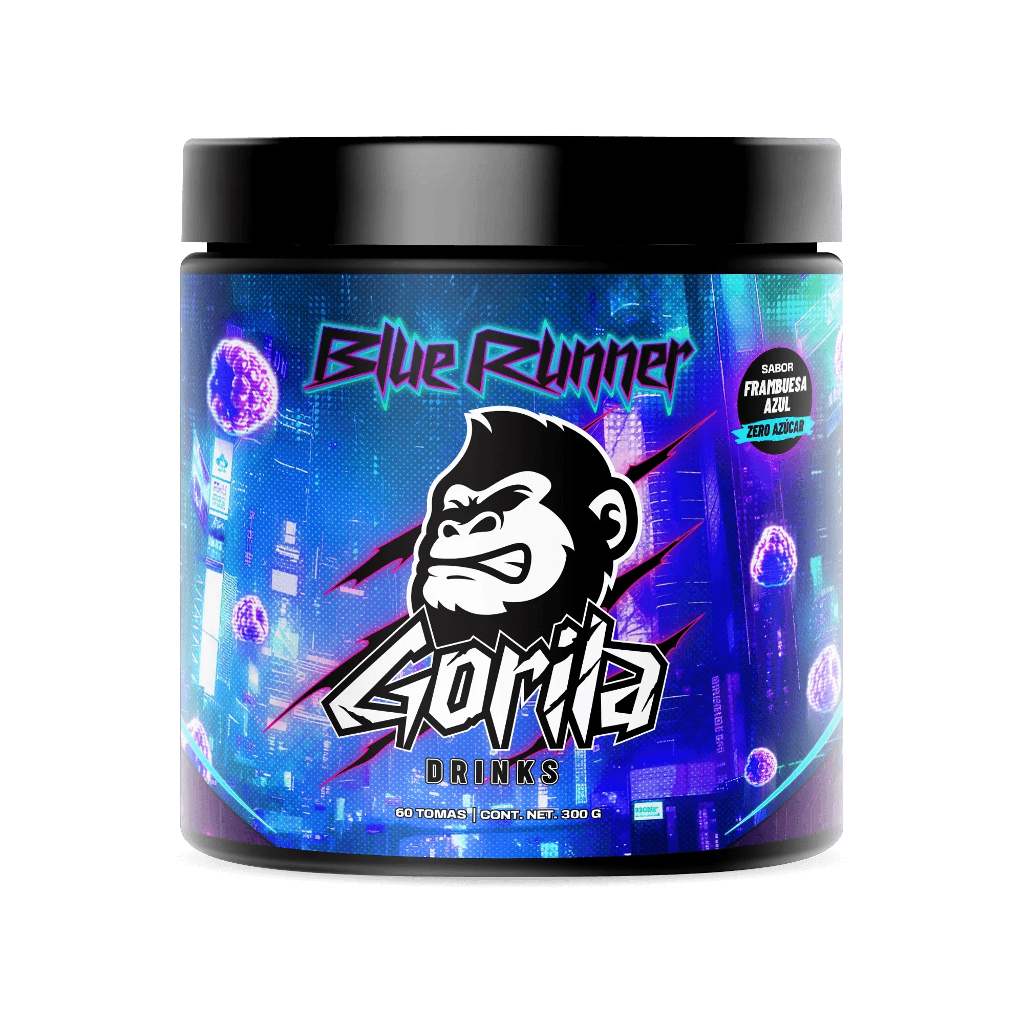 BLUE RUNNER - Bebida Energética en Polvo Sin Azúcar Sabor Frambuesa Azul - 300gr (60 tomas) - GORILA DRINKS®