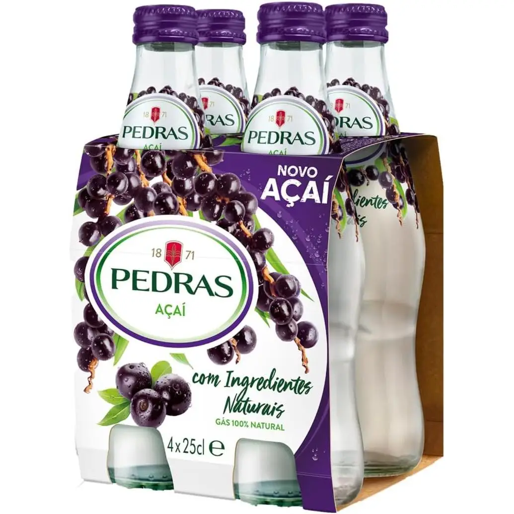 Agua con Gas con Sabor a bayas de Acai Pedras – Pack 4x25cl | Refresco Natural de Açaí, Sin Azúcar, Bebida Saludable y Refrescante