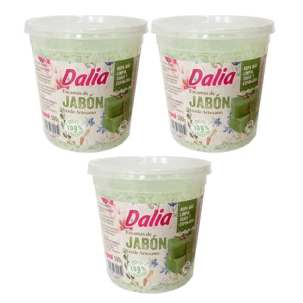 Dalia Jabón verde artesano en escamas para el lavado de tejidos manual y lavadora. Pack 3 unidades x 500g (1.500g) - Origen natura. Tejidos limpios, suaves y esponjosos.