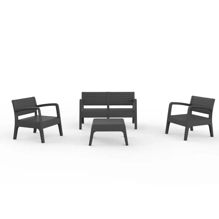 SP Berner - Set de Muebles de Jardín y Terraza Miami Color Grafito- Sofá 2 Plazas, 2 Sillones y Mesa de Centro - Fabricado en España con Plástico Reciclado