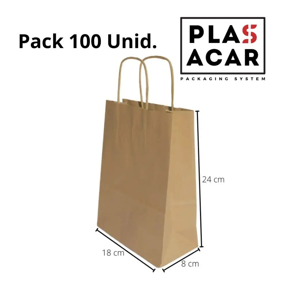 Plasacar S.L.-(100 Unid) Bolsa Papel Kraft Asa Rizada 18+8x24cm