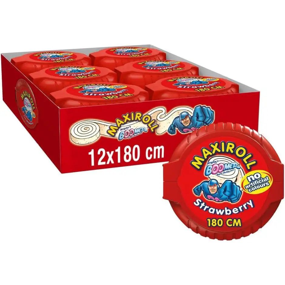 Deliciosa cinta de delicioso chicle  de 180 cm con sabor a deliciosa Fresa. BOOMER - CHUCHE VEGANA