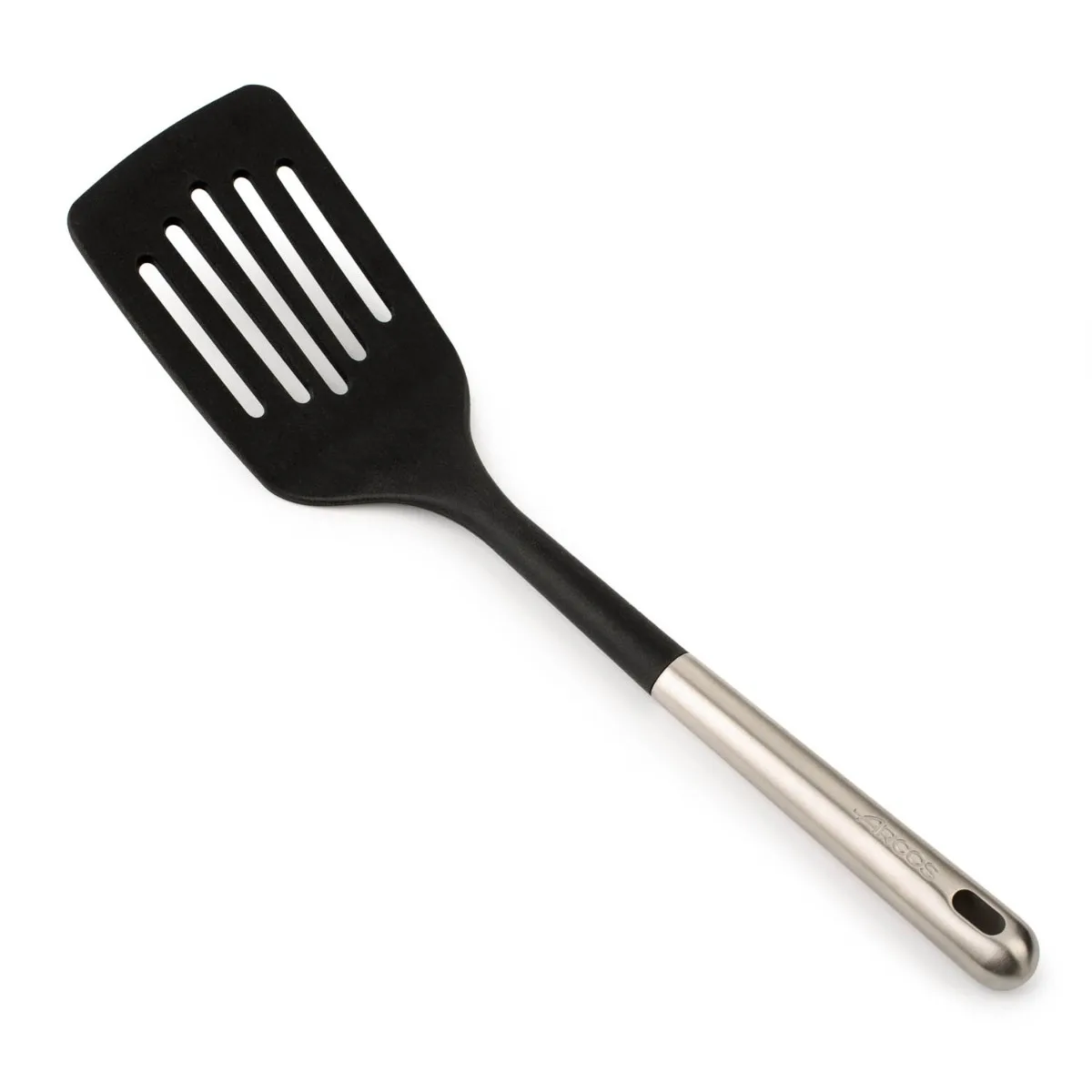 ARCOS Espátula Ranurada de Silicona, Rectangular y Flexible de 339 mm para Girar, Mezclar y Despegar Alimentos en Cocina. Mango y Cuerpo de Acero Inoxidable. Resiste 240º. Color Negro y gris