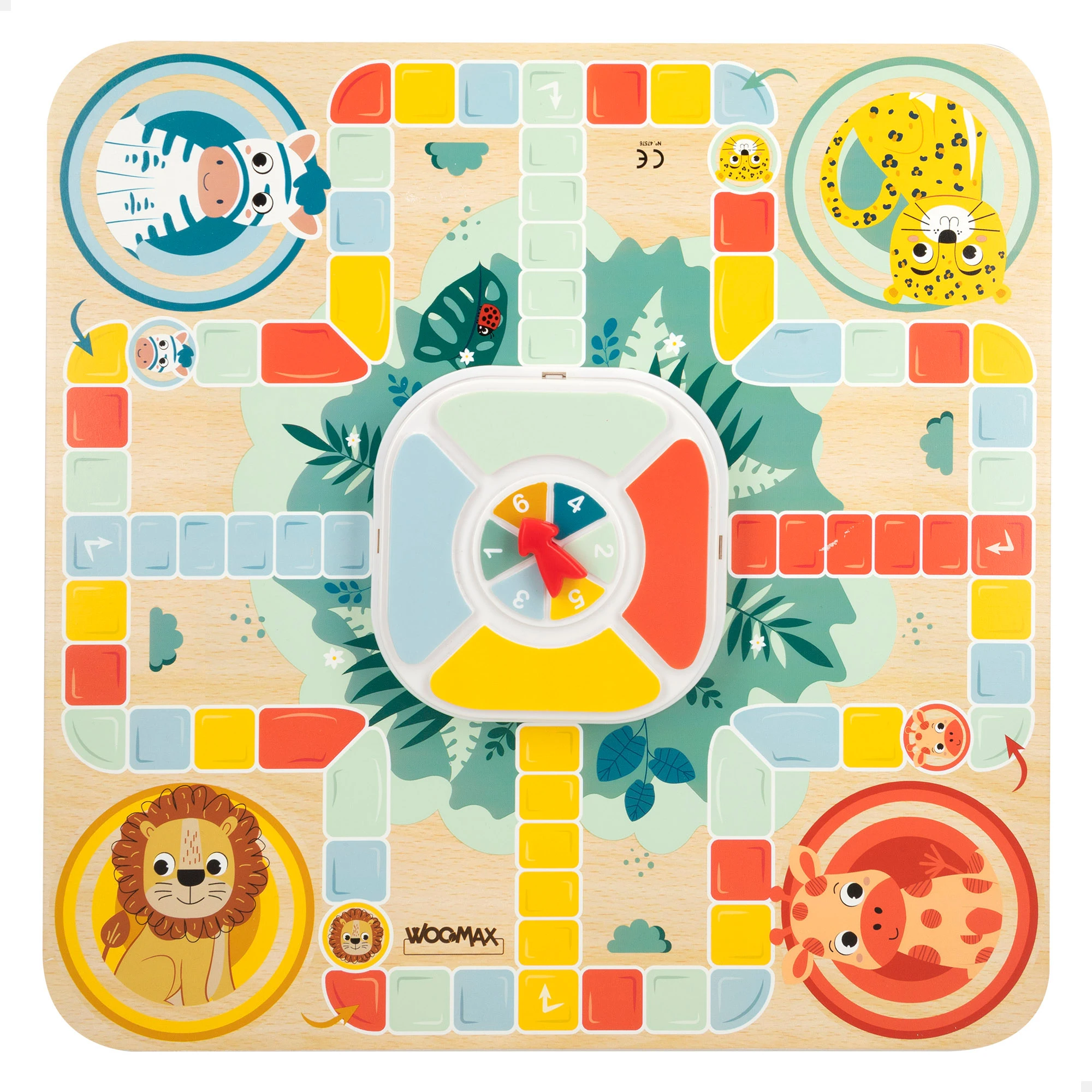 WOOMAX - Juego de mesa 2 en 1 con parchís y oca infantil, tablero de madera 30x30 cm para 4 jugadores, diseño de animales de la selva, certificado fsc, juguete educativo desde 4 años, ideal para