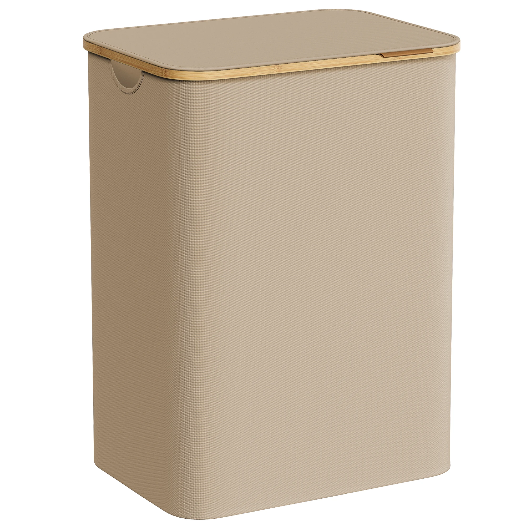 SONGMICS Cesto de Ropa Sucia con Tapa, Gran Cesta Colada de 2 Secciones, 130 L, Forro de Malla Extraíble, Tejido Oxford, Asas Bambú, Plegable, 52 x 38,5 x 70,5 cm, Marrón Camello