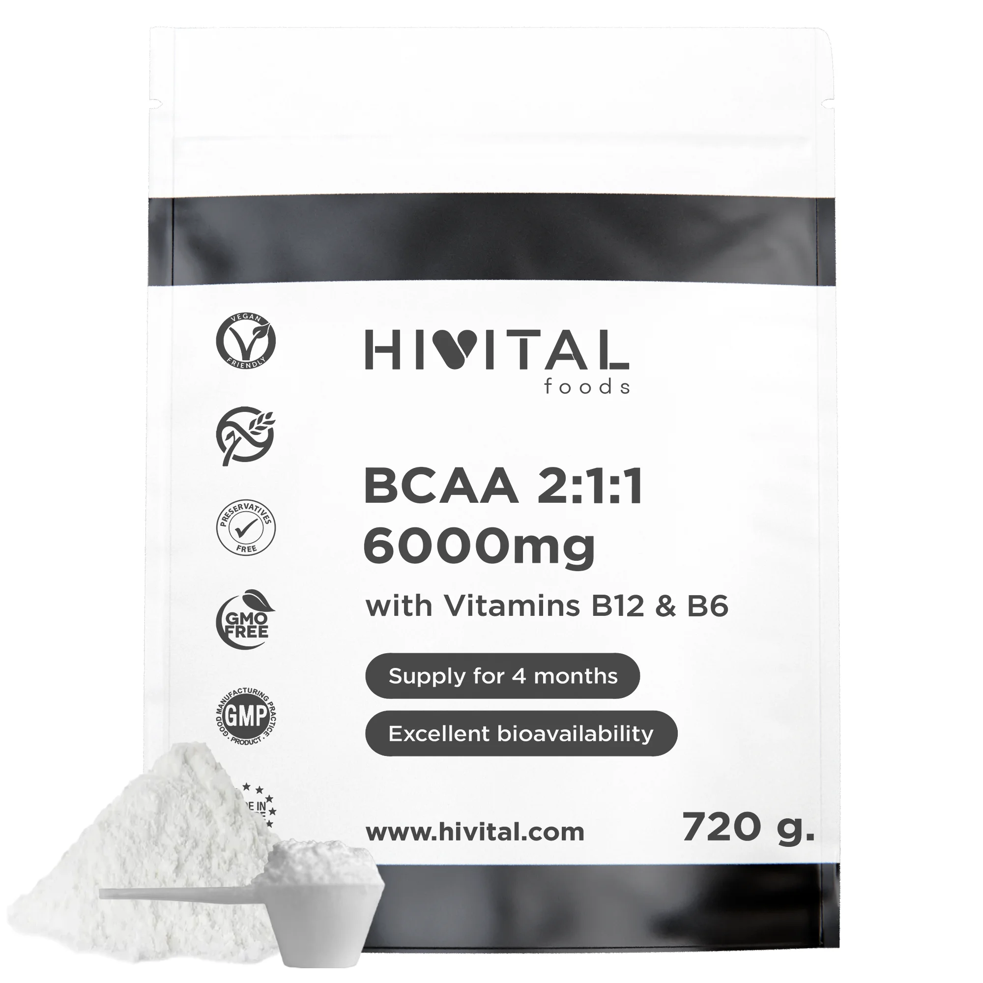 BCAA 2:1:1 6000 mg para 4 meses de tratamiento. 720 gramos con Aminoácidos Esenciales y Vitaminas B12 y B6, 100% Vegano, en Polvo y Sin Sabor, para acelerar el crecimiento y la recuperación muscular.