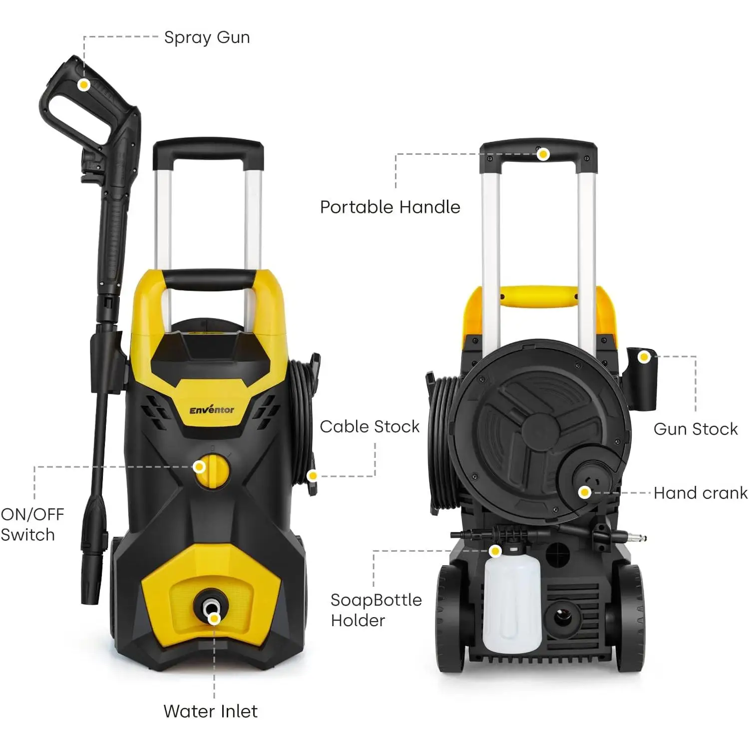 ENVENTOR high pressure pressure washer, 1800W electric pressure cleaner Max 135 bar, flow rate Max 350L/H, with soap bottle 450ML, hose 5M, Cable 5M, garden Yard Car