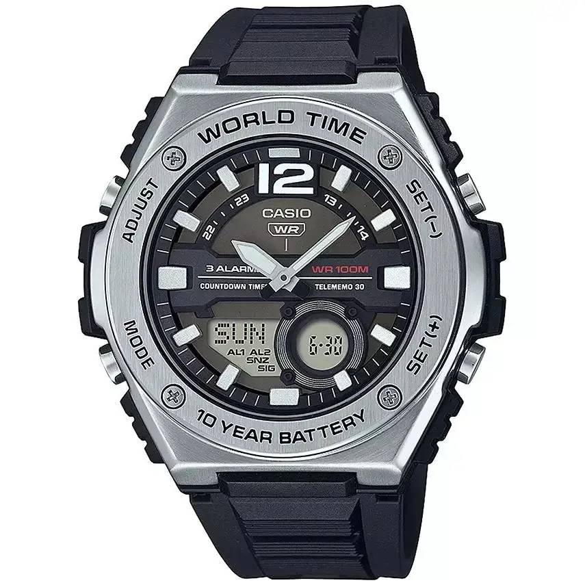 Reloj Casio Sport MWQ-100-1AV 50.6mm 100m WR correa de resina Hora Mundial 10 años batería
