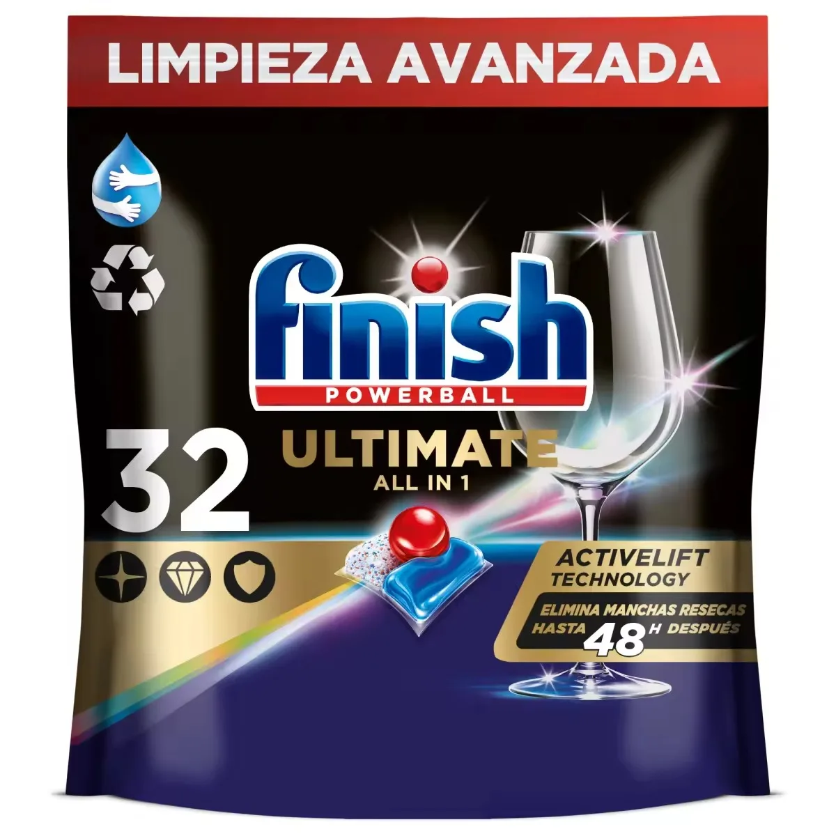 Finish Powerball ULTIMATE ALL IN 1 Pastillas para Lavavajillas, Aroma Regular, Eficaz Manchas Resecas, Brillo Diamante, Menos Químicos, Profesional