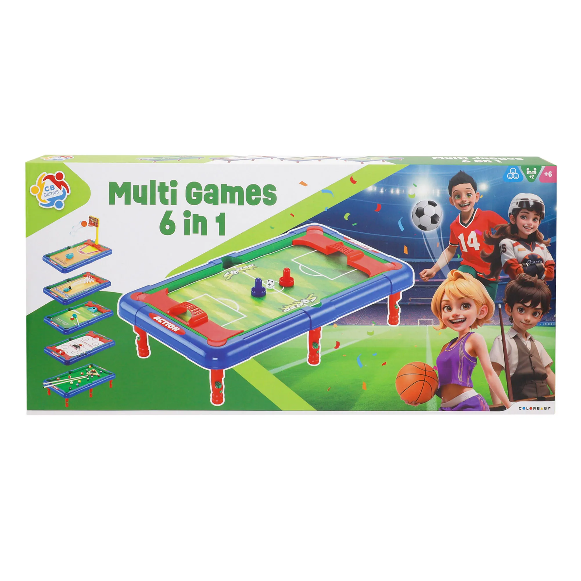 CB Games - Mesa multijuegos 6 en 1 infantil, futbolín, billar, hockey, bolos, baloncesto y golf, incluye accesorios, tamaño 43x25x12 cm, juego mesa para 2 jugadores, ideal para niños desde 6 años, diversión familiar y habilidades motoras