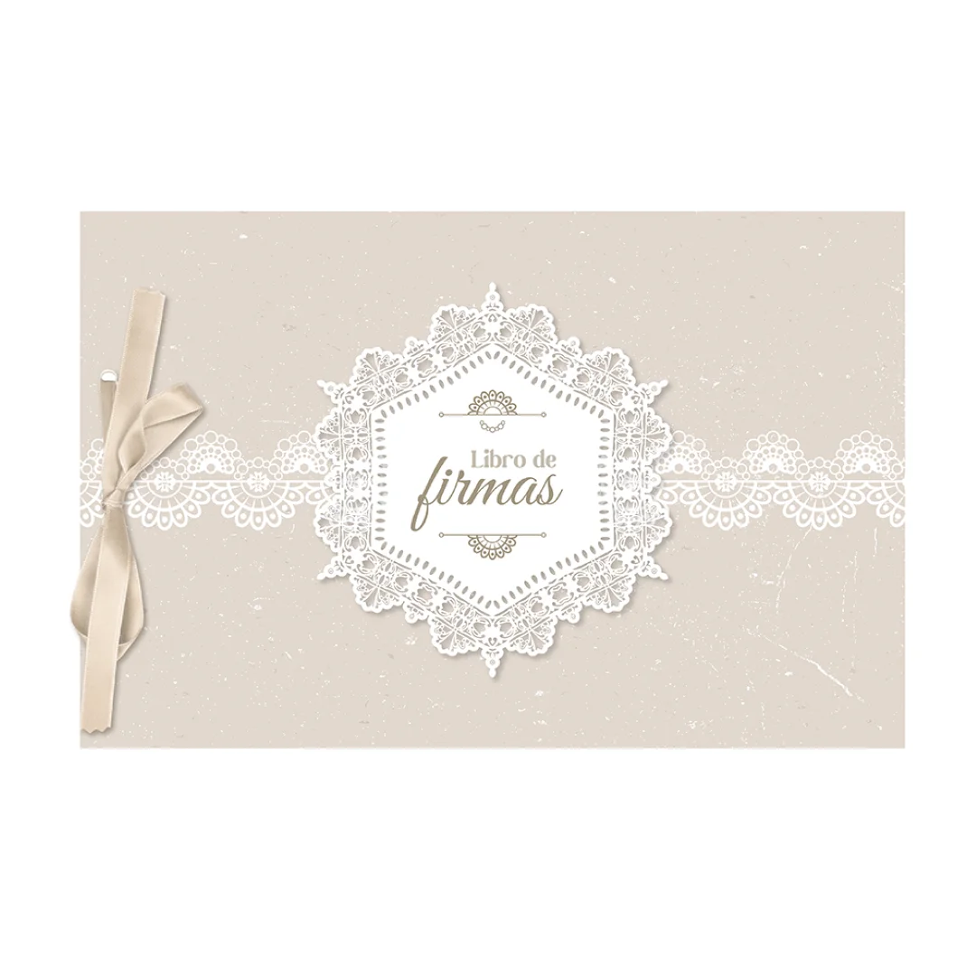 Demark - Libro de Firmas Elegante "Encaje Blanco" 20x30 cm - Álbum de Recuerdos con Lazo y Papel Perlado 250g - Ideal para Bodas, Comuniones y Eventos Clásicos - Modelo LF230