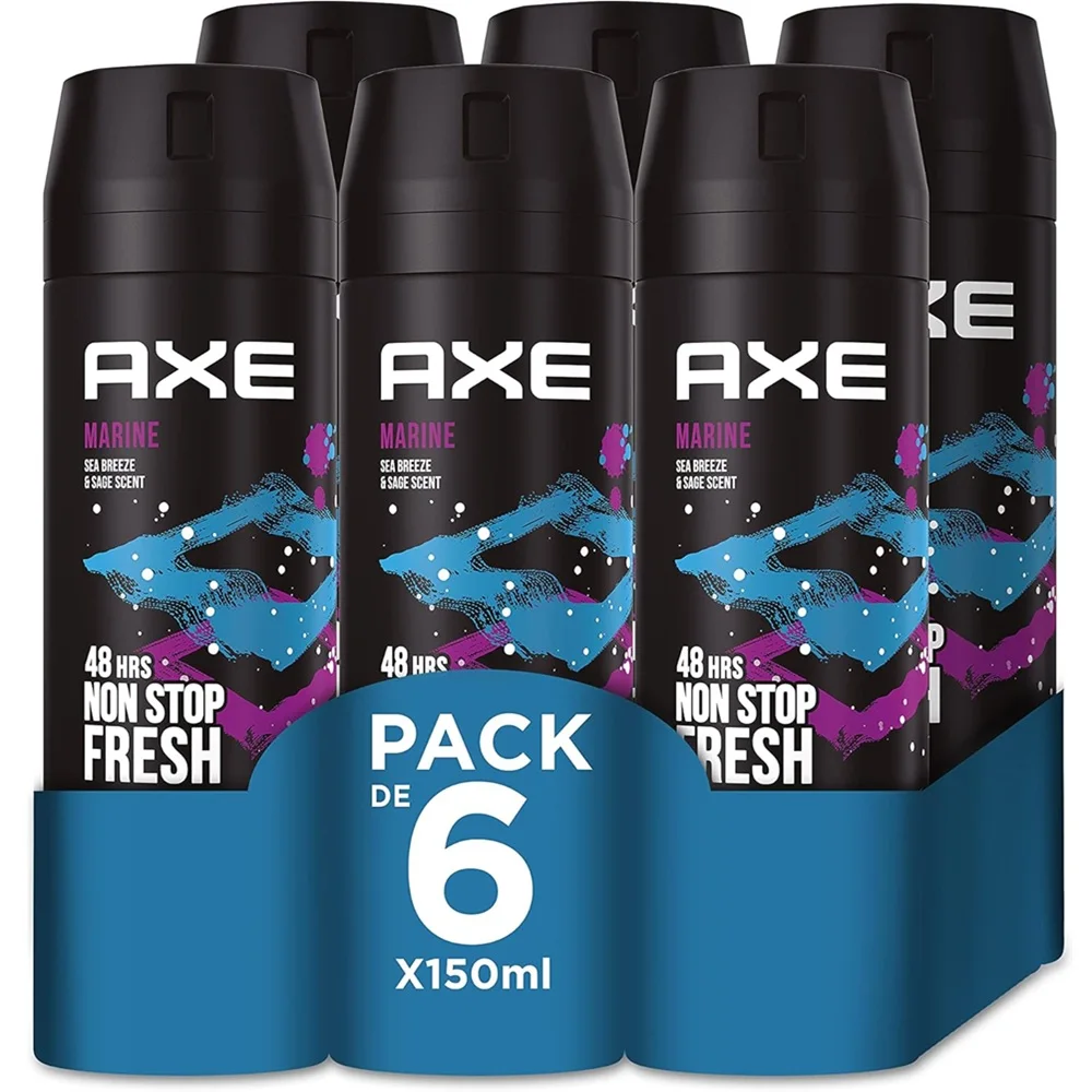 Axe Desodorante para Hombre Bodyspray Marine 150ml (Pack de 6) - Tecnologia Dual Action, Formula sin aluminio, Componente antiolor Zinc Complex 6, Huele irresistible a bergamota y limon, inspirada en la brisa marina, durante 48 horas