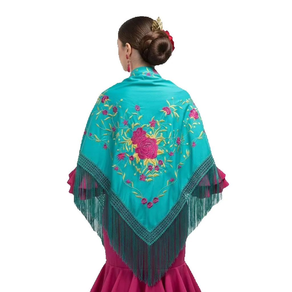 Manton de flamenco de color turquesa con los bordados de floral buganvilla y dorado