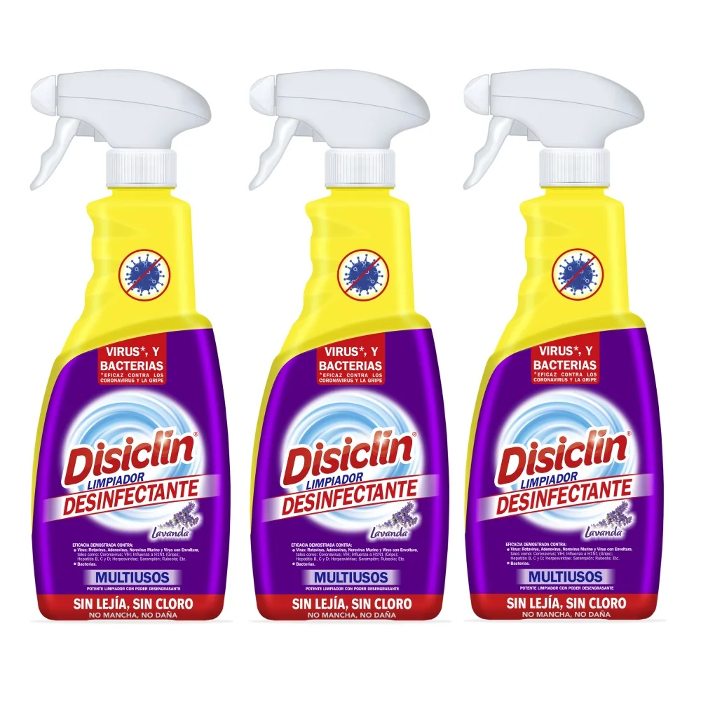 Disiclin Limpiador Desinfectante Multiusos en spray 750ml (Pack 3 unidades) - Potente limpiador multisuperficies con poder desengrasante, sin lejía con bioalcohol, Eficacia contra virus y bacterias,