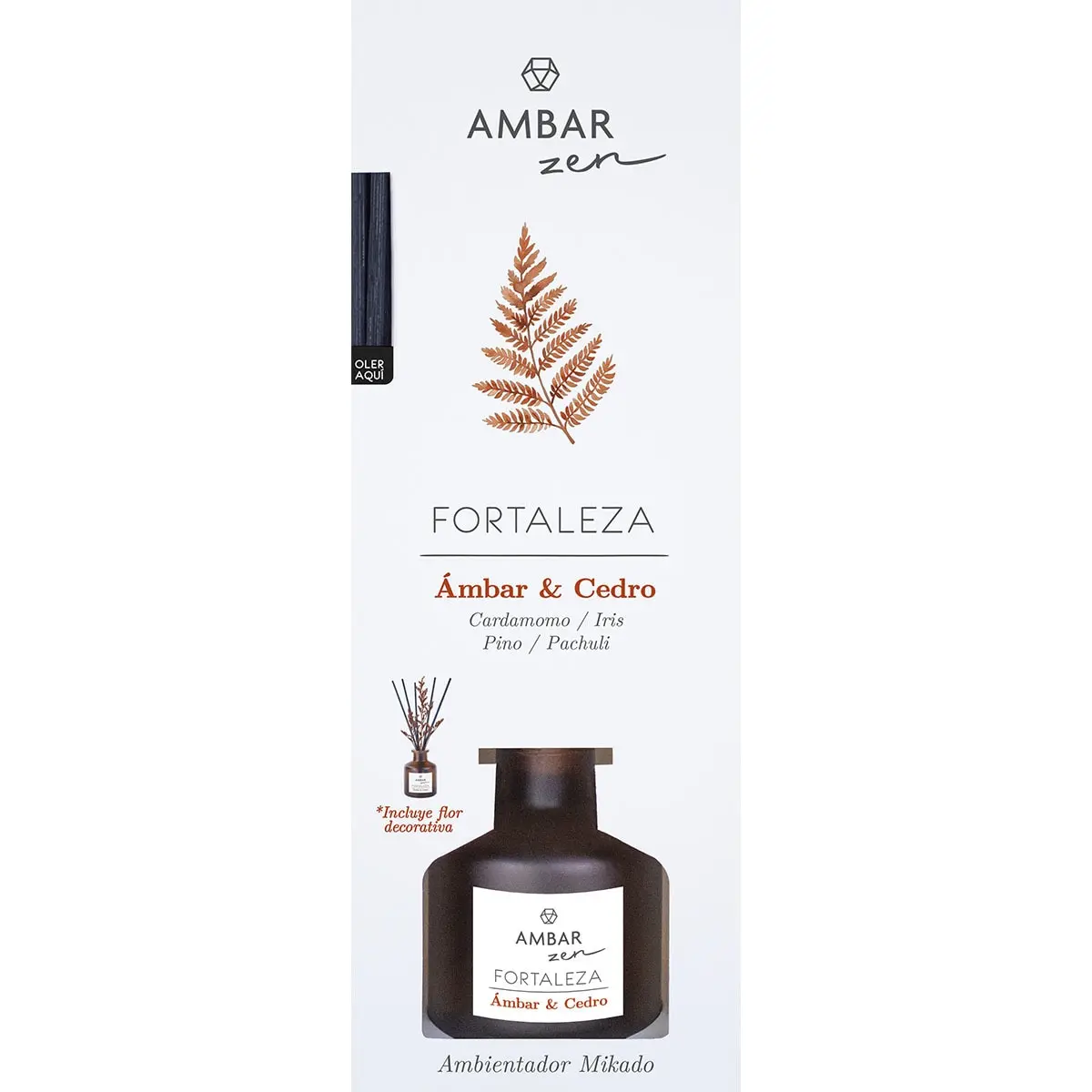 AMBAR Zen ambientador mikado Fortaleza Ámbar & Cedro con cardamomo, iris, pino y pachuli frasco 40 ml incluye flor decorativa