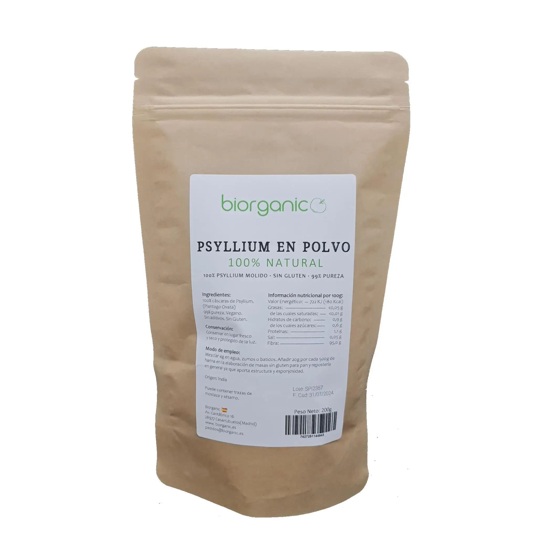 Psyllium powder 200g. 95% purity Indian Psyllium, rich in fiber and vegan. Satiating. Improves the intestinal tract. Ideal gluten-free breads and doughs. Biorganic, Spanish brand.