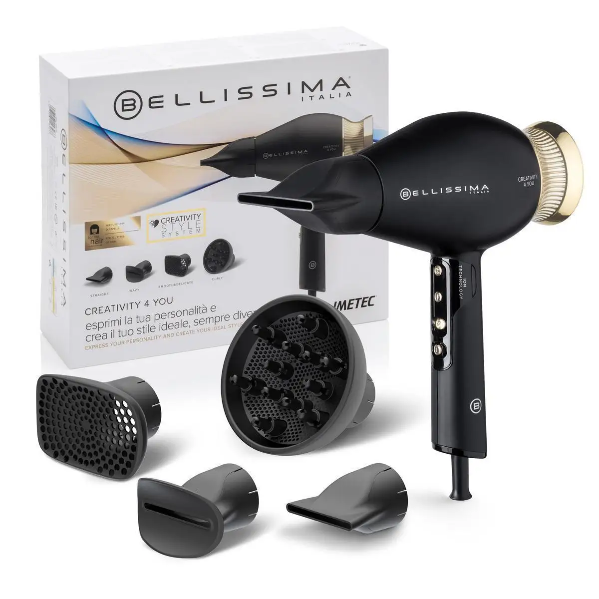 Bellissima creative 4 You professional hair dryer 4 accessories diffuser ionic technology 2 speeds 3 temperatures 1800W