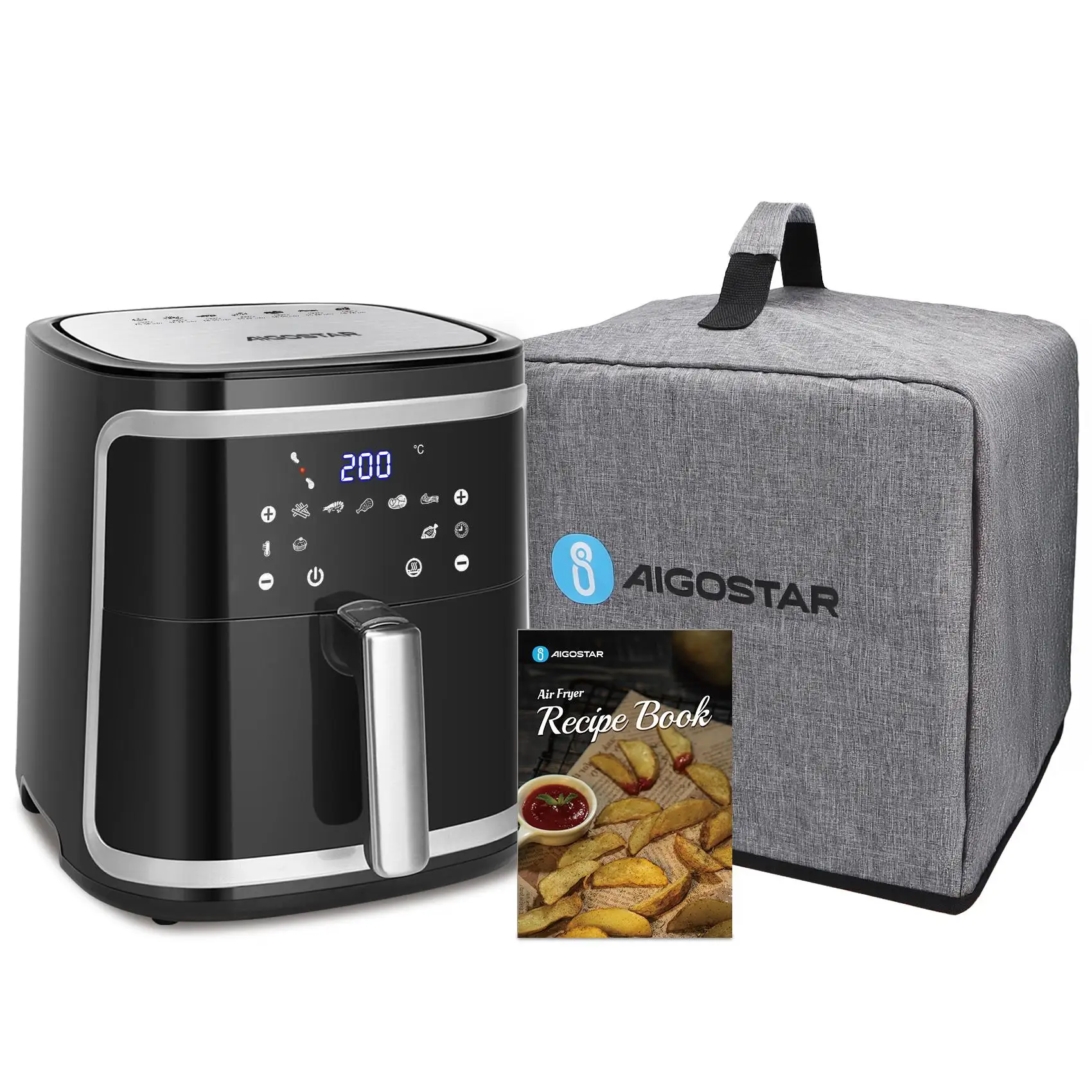 AIGOSTAR Freidora de Aire sin Aceite con Tapa Antipolvo - Pantalla LED Táctil, Gran Capacidad de 7L, Libro de Recetas Incluido, Cesta Antiadherente, Temporizador, 1900W Negro.