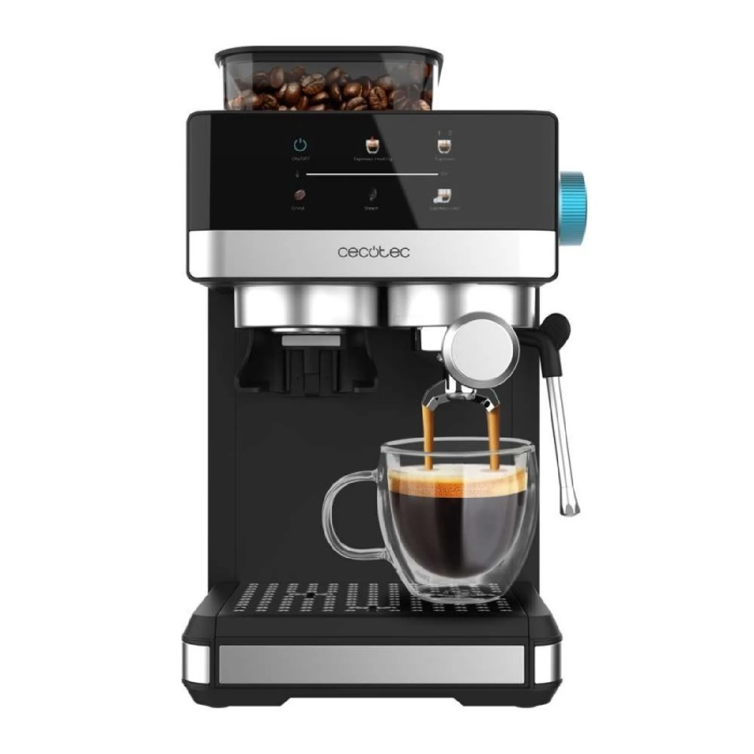 Cecotec Cafeteras Express Power Espresso 20 Grind. 1350W, 20 Bares, Café con Vapor, 2 Tazas, Pantalla Táctil, Molinillo