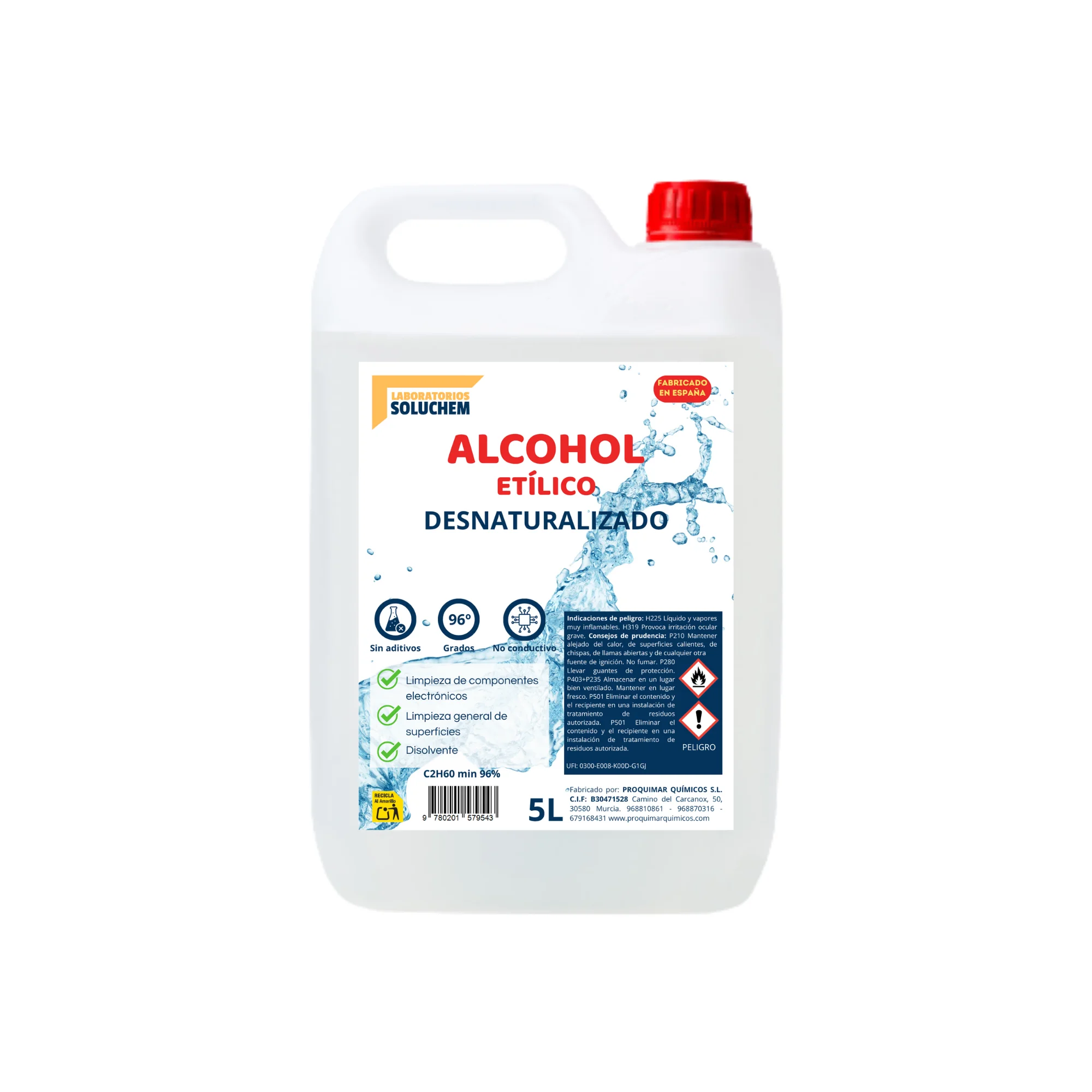 Alcohol Etílico Desnaturalizado 96º – | Uso Técnico | Limpieza de Superficies, Disolvente, Electrónica | No Apto Consumo Humano | Envase de Seguridad