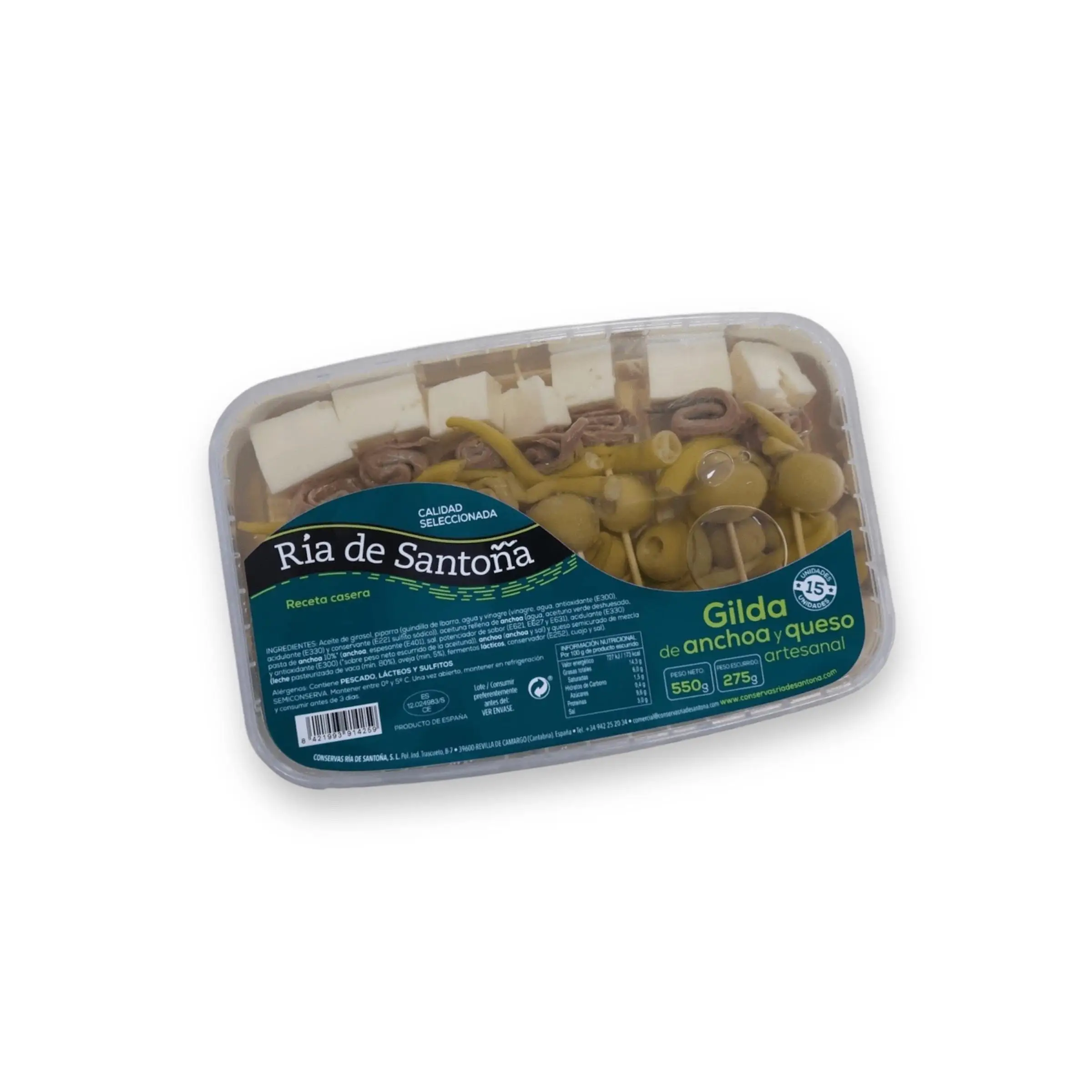 Anchovy and cheese Gildas 15 units. Ría de Santoña: gourmet aperitif with Cantabrian anchovies, semi-cured cheese, chilli and olives, in practical tray ideal to share and enjoy.