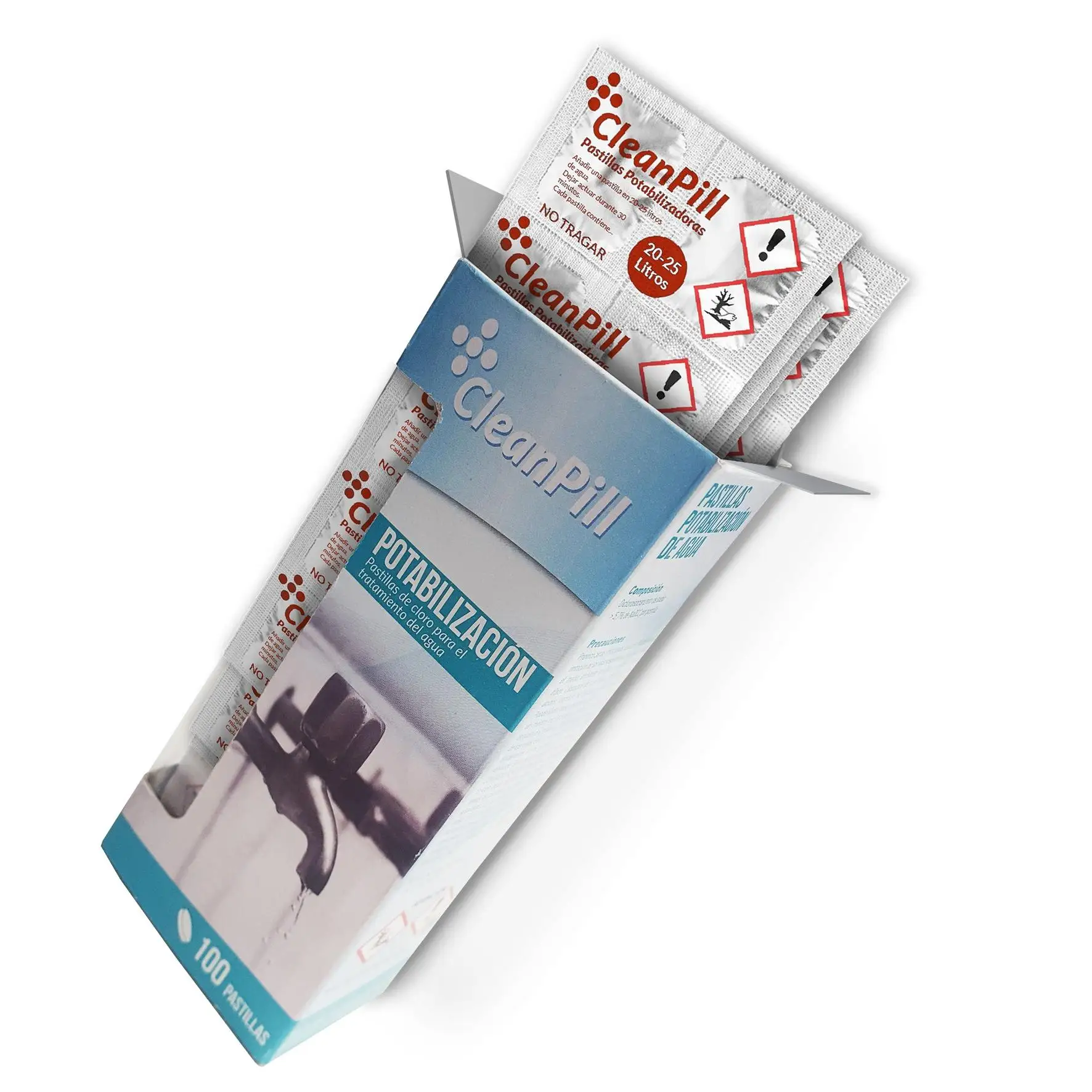 Pastillas Potabilizadoras de Agua Cleanpill by Orache (Pack de 100) | Purificación de Agua Emergencia y Camping, 1 Pastilla hasta 25 Litros, Sabor Agradable