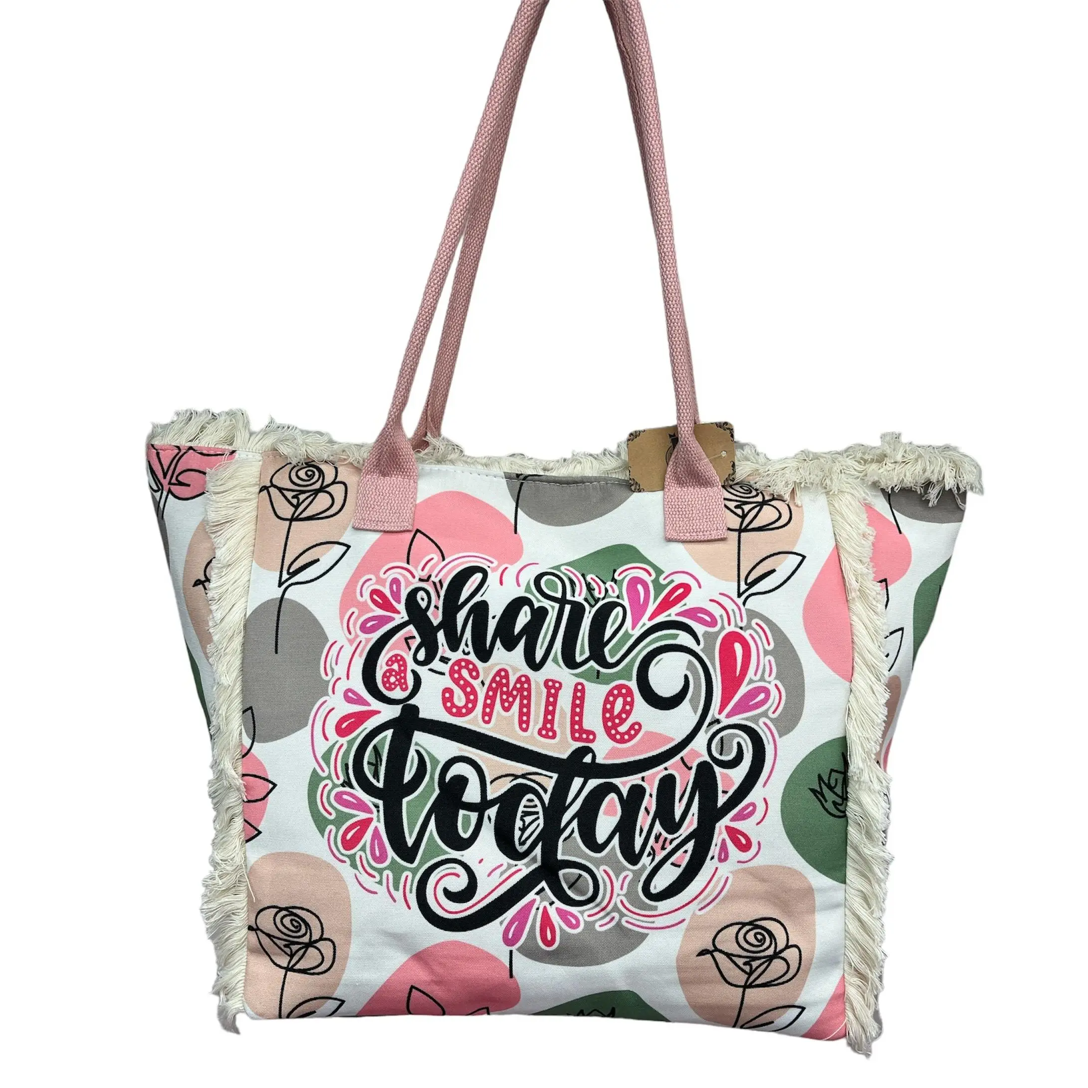 MEJORADA Bolso de playa o piscina grande con estampados de HOJAS con frase {HAVE A SMILE TODAY} con fleco de borla blanco de algodon,tamaño 55*37*19CM.contiene bolsillos interior y forros.tejido 100%