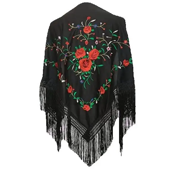 Flamenco or sevillanas (150X70cm) Black Embroidered Red/anuka Green triangular Medium Peak Shawl